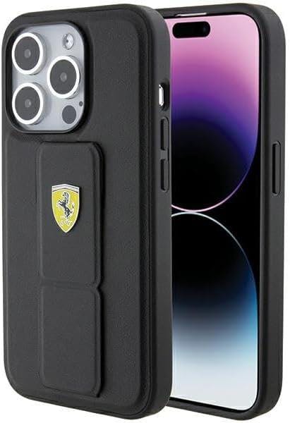Ferrari Black Hard Case Grip Stand With Metal Logo For Iphone 15 Pro 6.1" - Fehcp15xgspsik