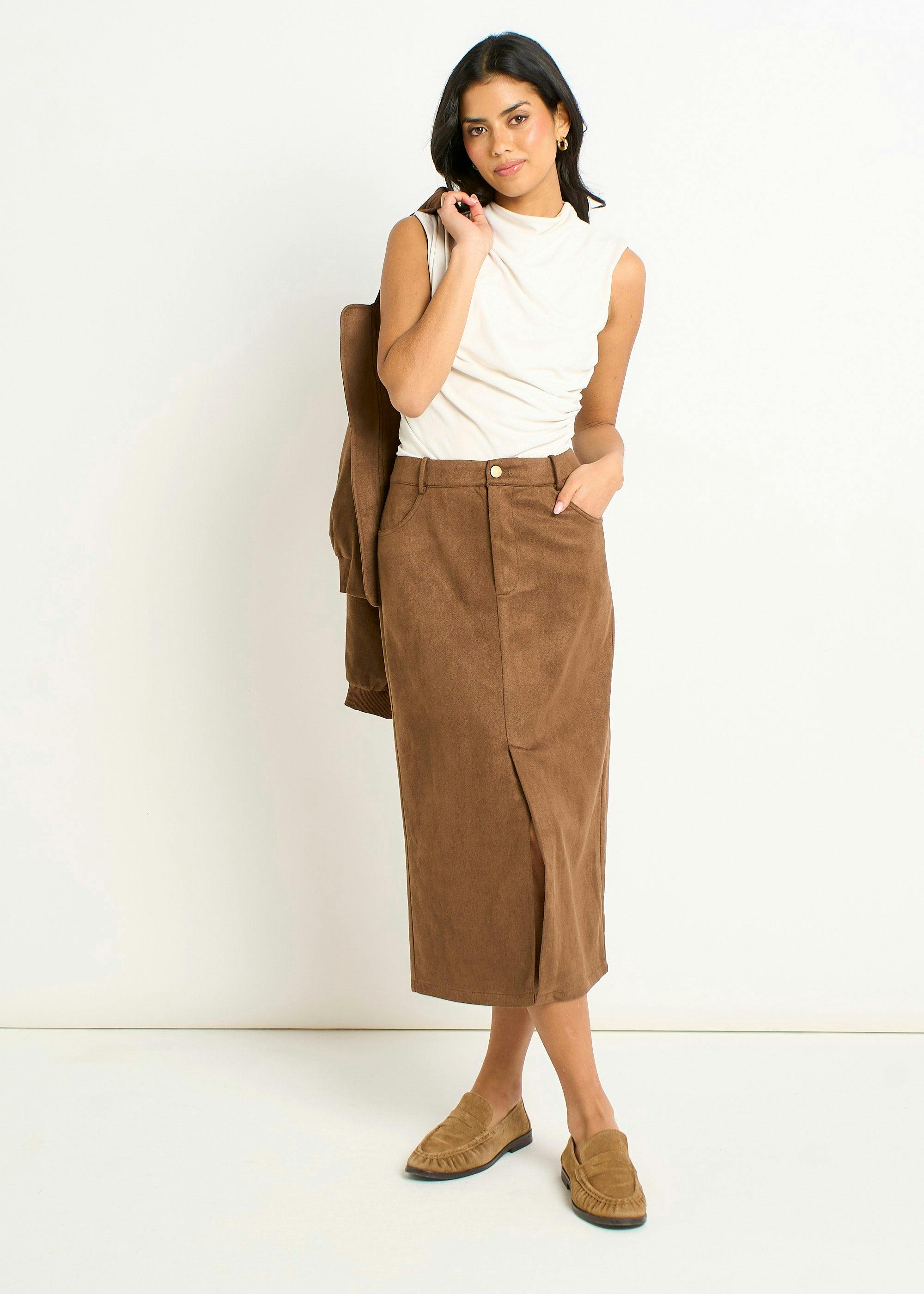 Gini London Brown Faux Suede Pencil Skirt - Uk 10 / Us 6 / Eu 38