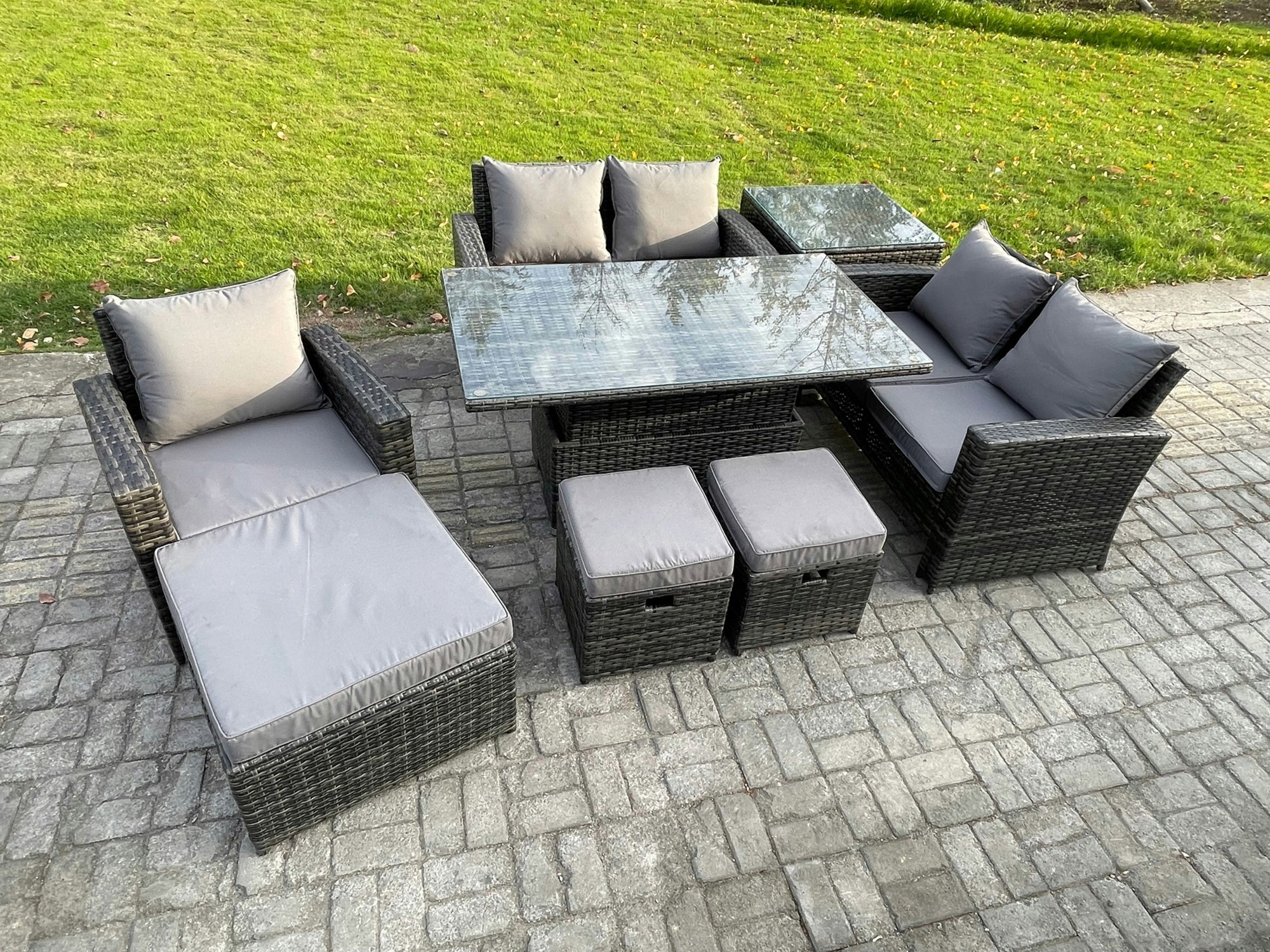 Rackhams Dark/Grey Outdoor Rattan Patio Furniture Set Garden Lounge Sofa Set With Rising Lifting Table Side Table 3 Footstools Mixed