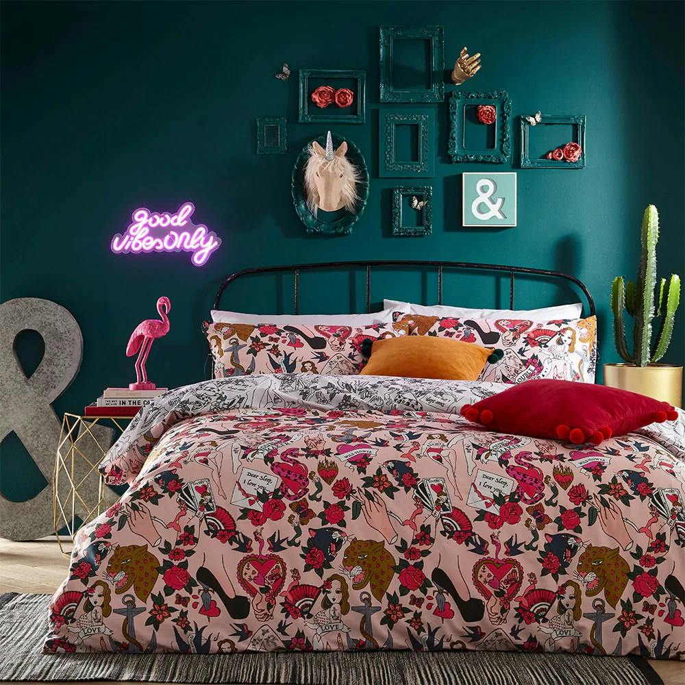 Furn Inked Tattoo Duvet Cover Set - Blush - Superking - Blush - 50% Cotton/50% Polyester