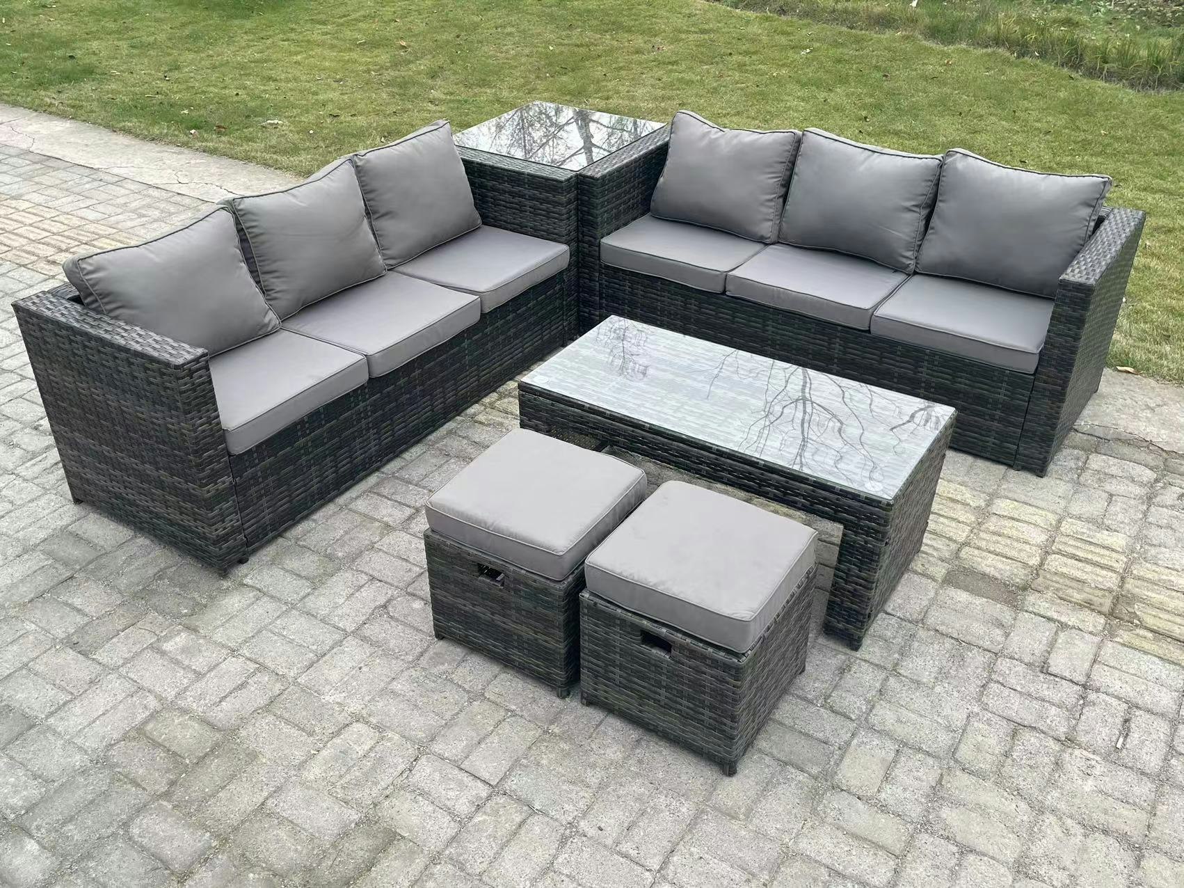 Rackhams Dark/Grey Outdoor Rattan Garden Furniture Lounge Sofa Set With Oblong Rectagular Coffee Table Side Coffee Table 2 Stools