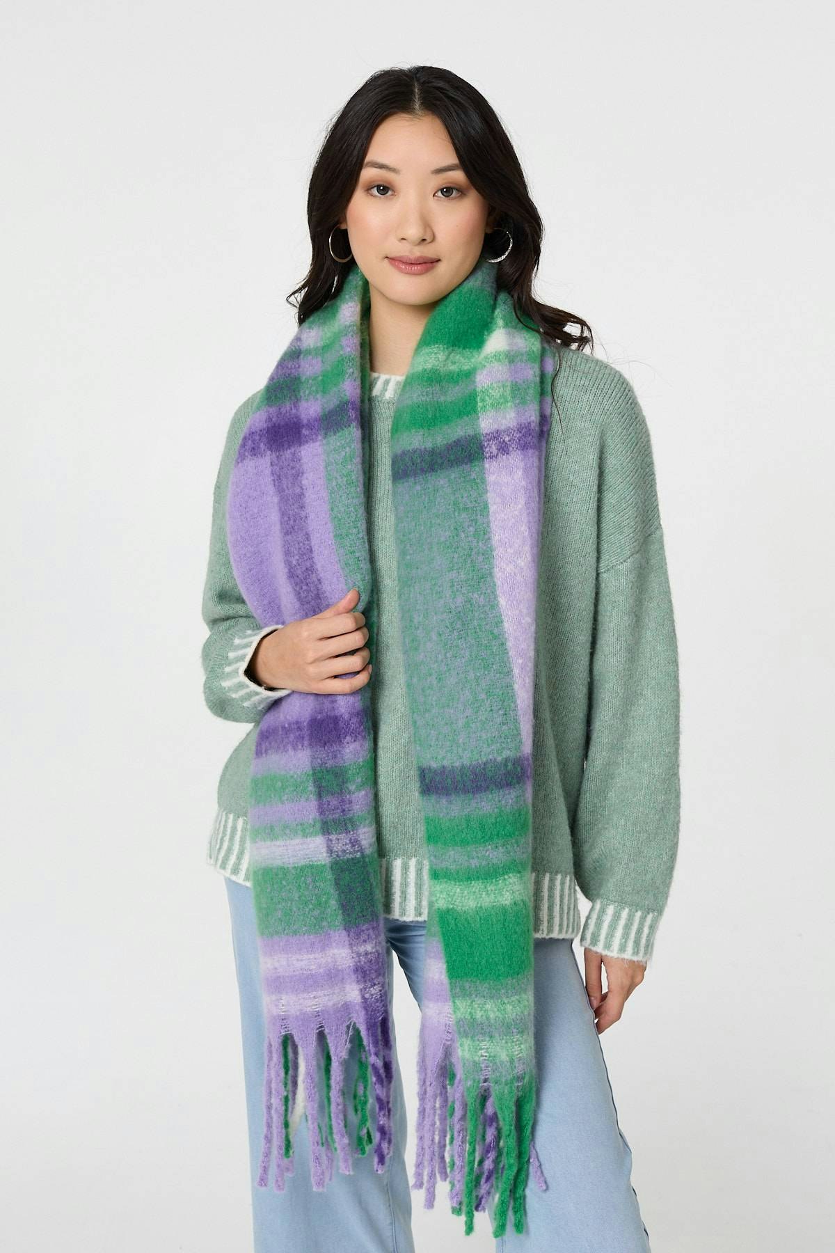 Izabel London Purple Checked Print Oversized Fringed Scarf - One
