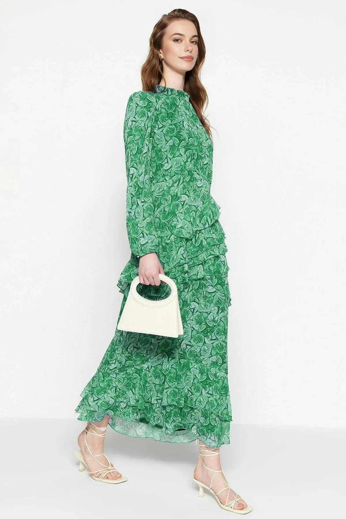 Wovcor Light Ruffled Lined Woven Chiffon Dress - Khaki - 8