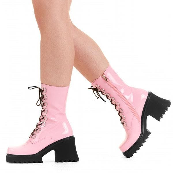 Lamoda Women's Pink Bulletproof Chunky Platform Ankle Boots Patent Gothic Statement - Uk5