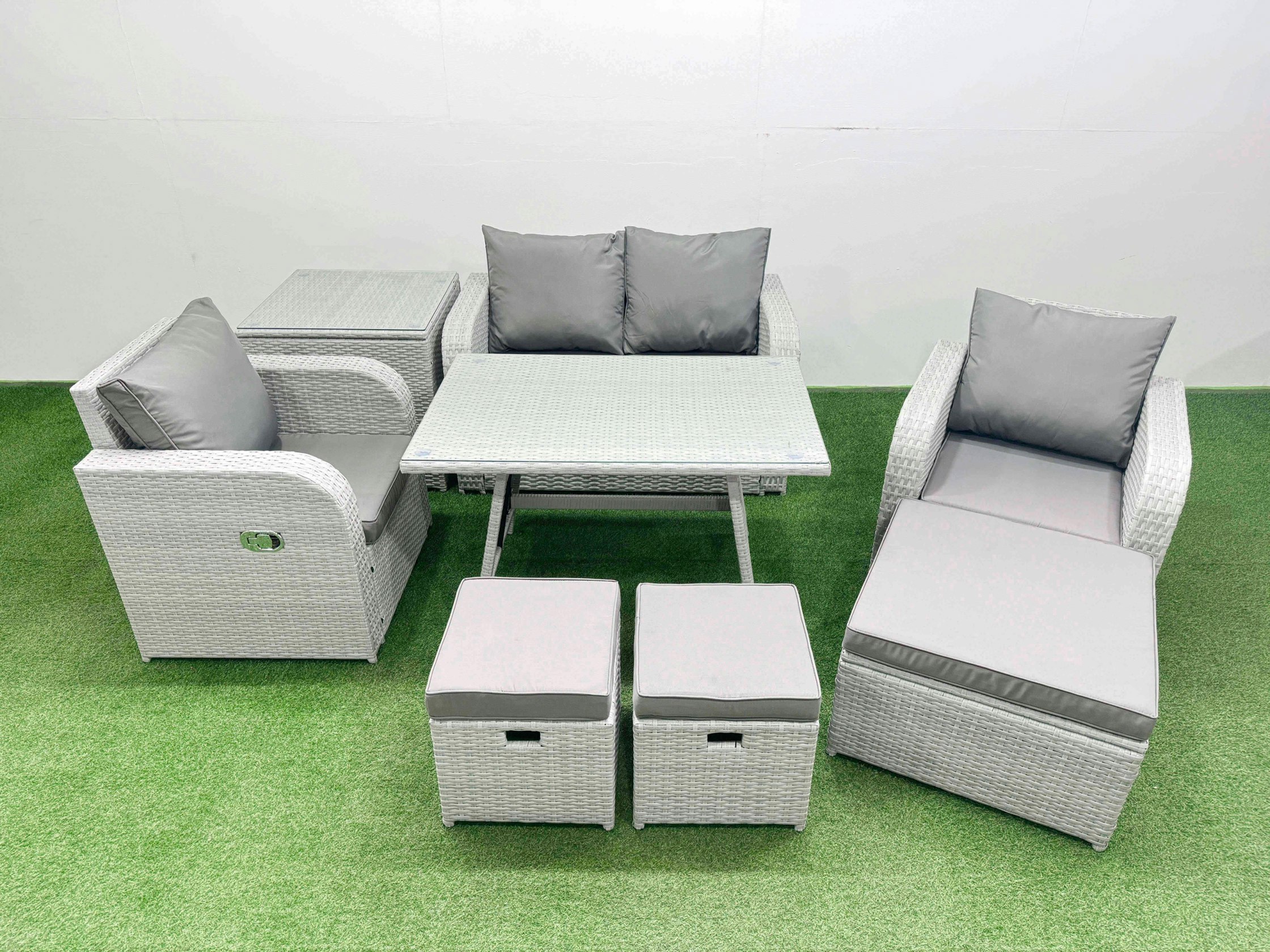Rackhams Light/Grey Pe Wicker Rattan Garden Furniture Set Sofa Set Reclining Chair Love Sofa Rectangular Dining Table 3 Stools Side Table