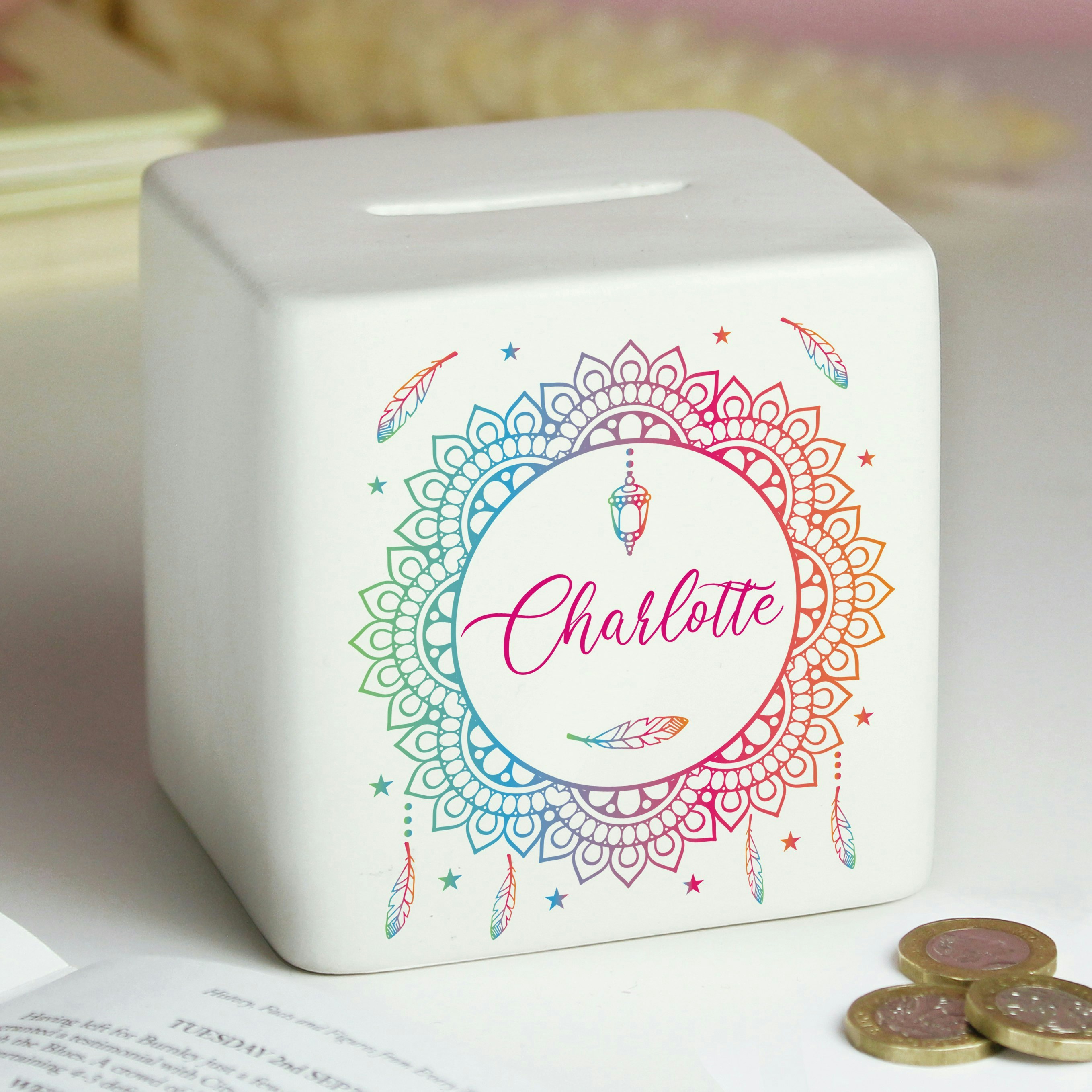Personalised Memento Company Personalised Dreamcatcher Ceramic Square Money Box