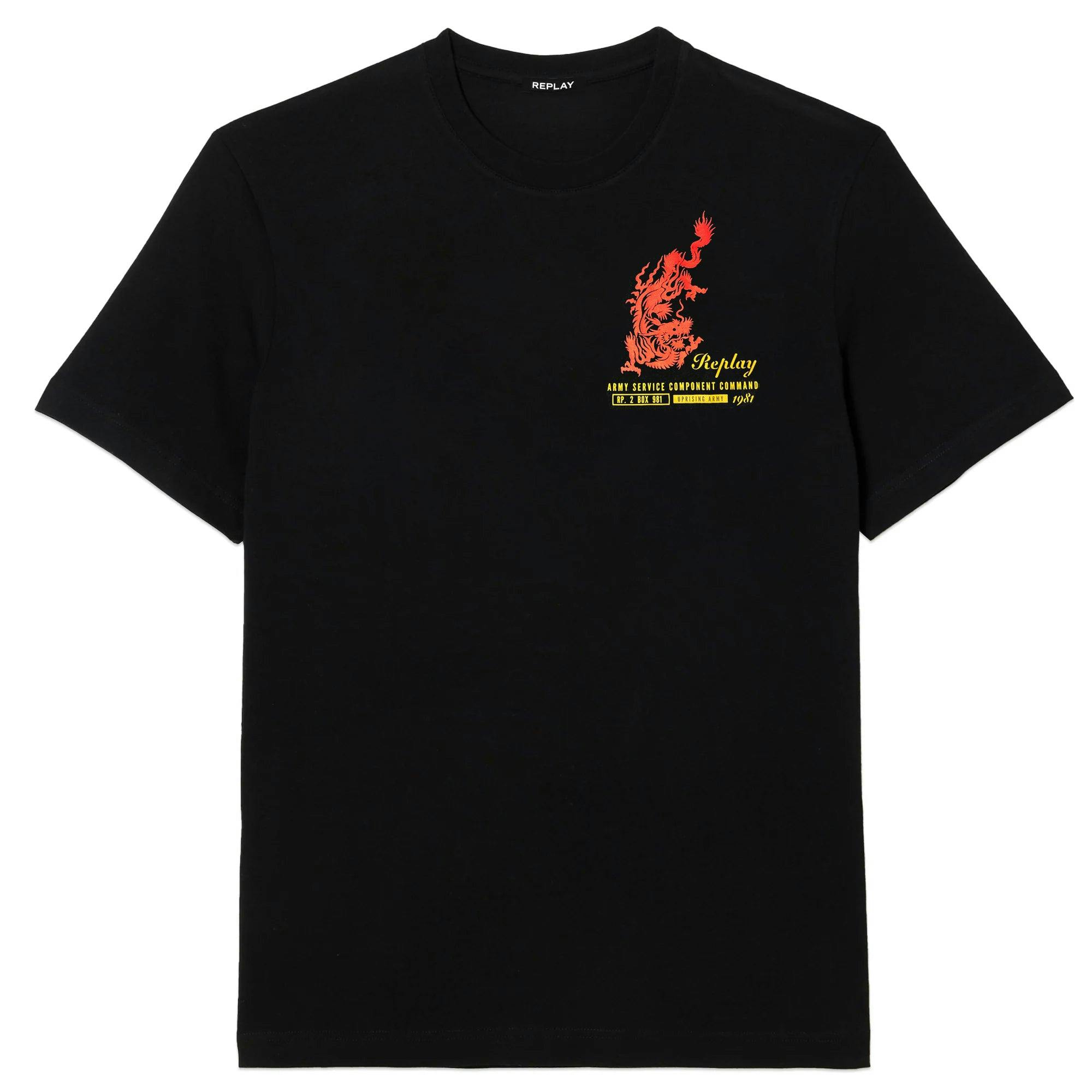 Replay Black Biker T-Shirt - Oriental Dragon - Medium