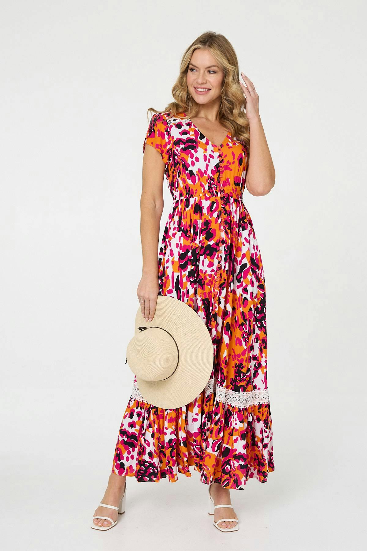 Izabel London Orange Animal Print Lace Trim V-Neck Maxi Dress - 10