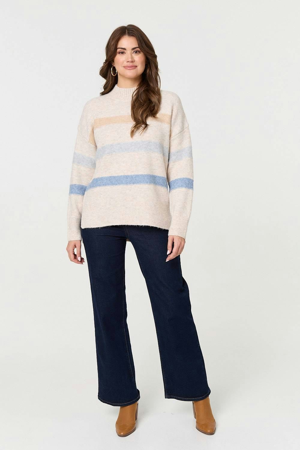 Izabel London Beige Striped High Neck Boxy Jumper - 12