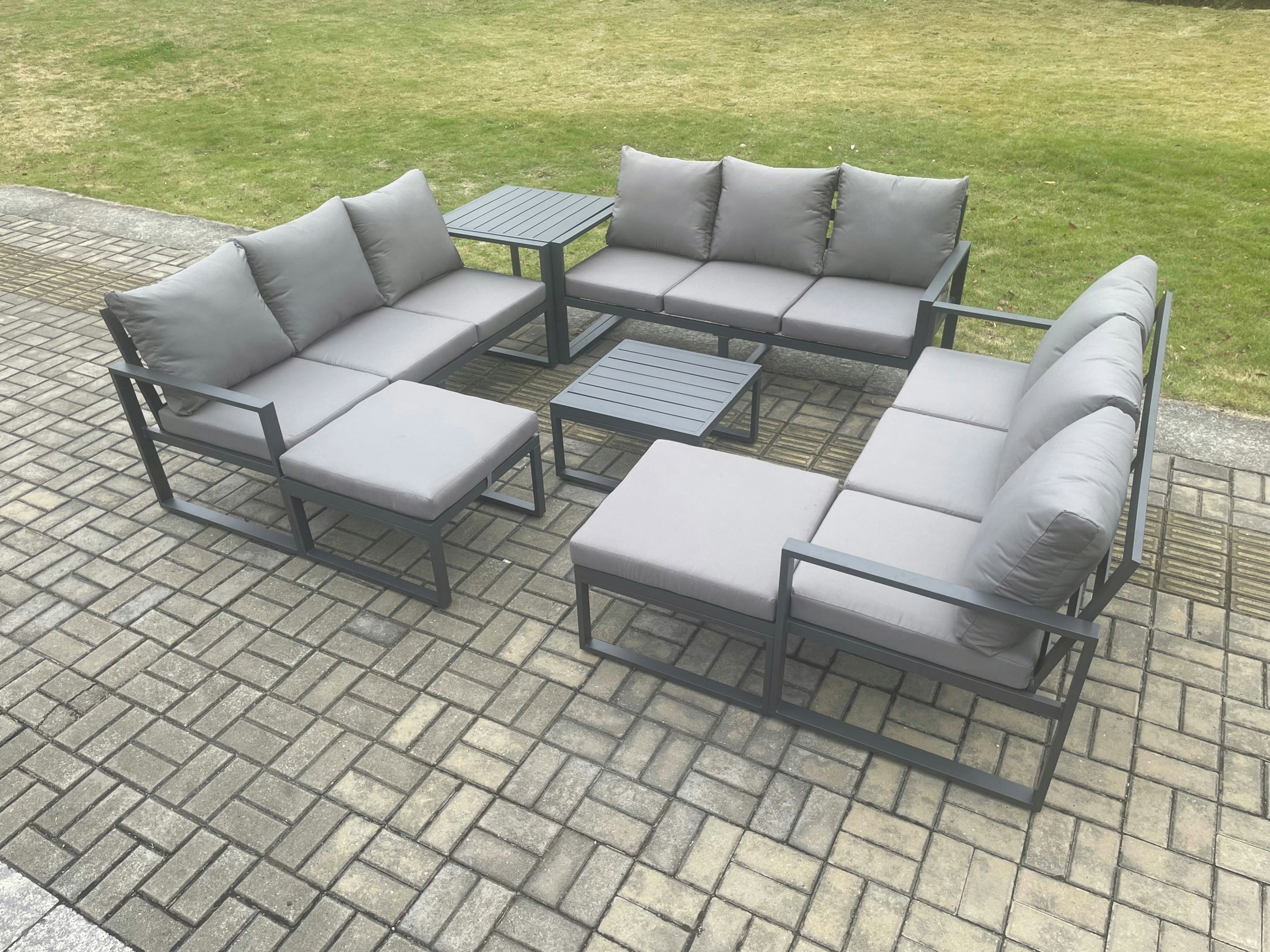Rackhams Dark/Grey Aluminium Outdoor Garden Furniture Set Patio Lounge Sofa With Square Coffee Table Side Table 2 Big Footstools Conservatory Set