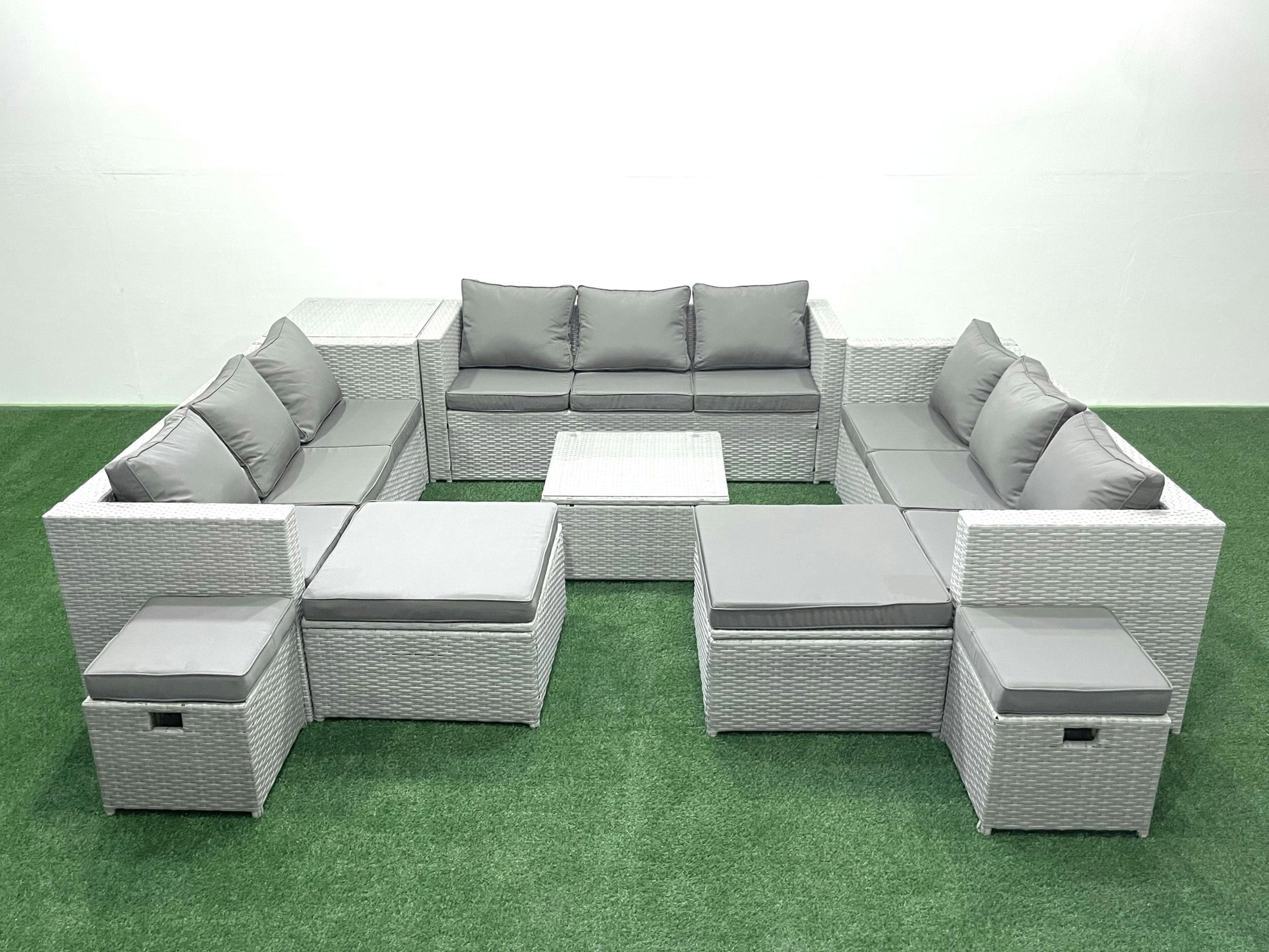 Rackhams Light/Grey Garden Outdoor Furniture Set 14 Seater Rattan Sofa Set With Side Table 4 Footstools Mixed