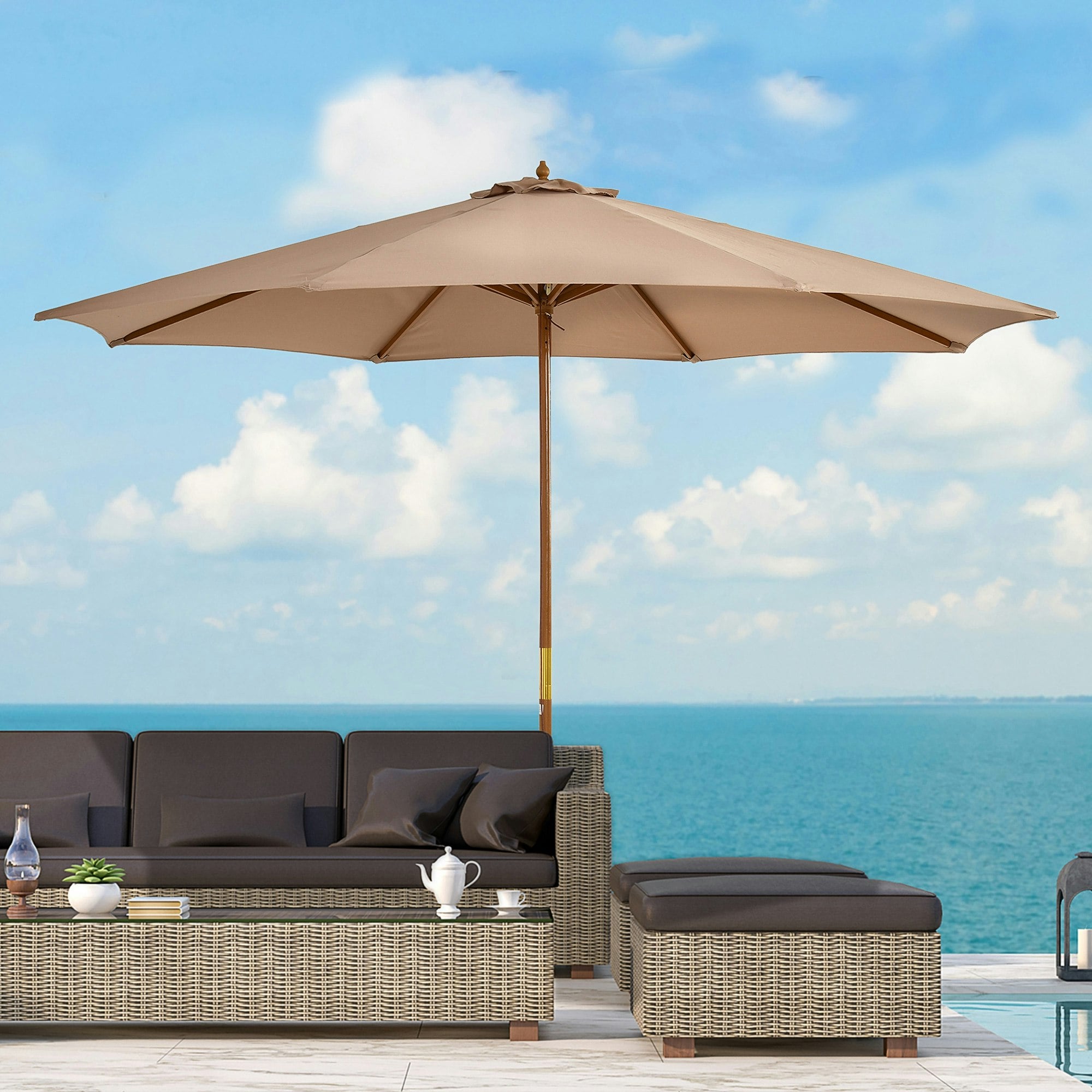 Rackhams Cream/White 3(M) Garden Parasol, Pulley Operated Patio Umbrella, Wooden Parasol, Table Market Umbrella With Rope Pulley Mechanism And 8 Ribs, - Khaki - 300Cm X 300Cm X 250Cm