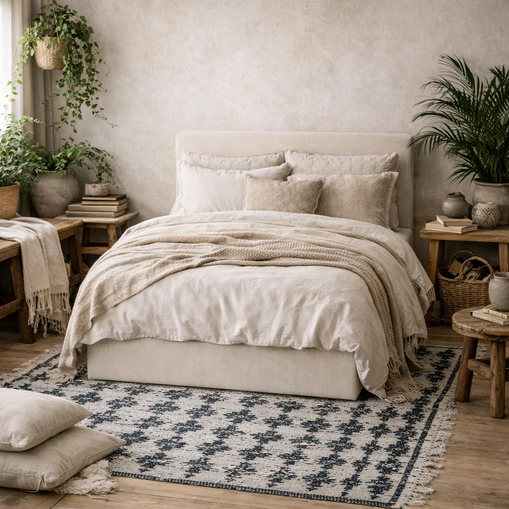 Wyld Haus Ivory Portarlington Upholstered Twill 4Ft6 Double Size Bed With Headboard