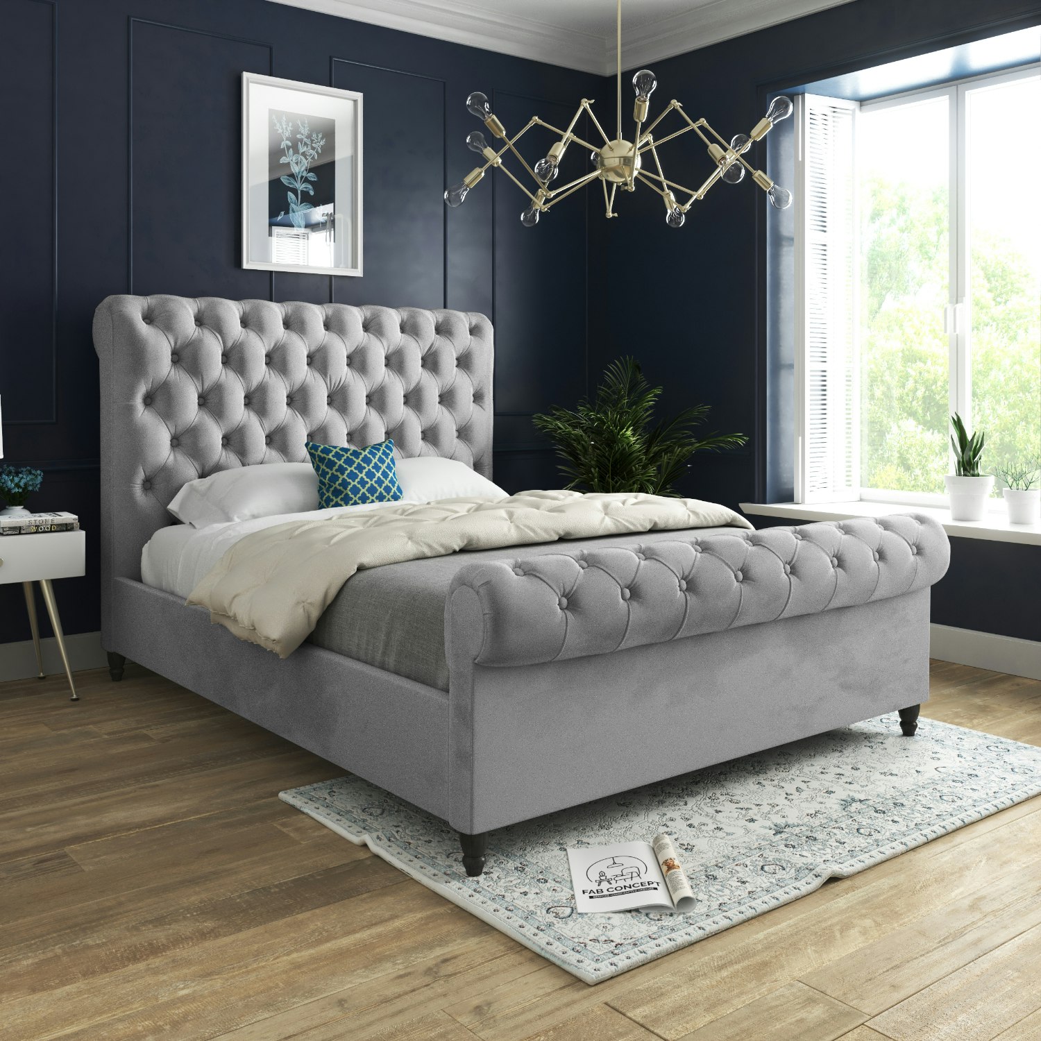 Rackhams Grey Sienna Sleigh Upholstered Soft Velvet Bed Frame - Double