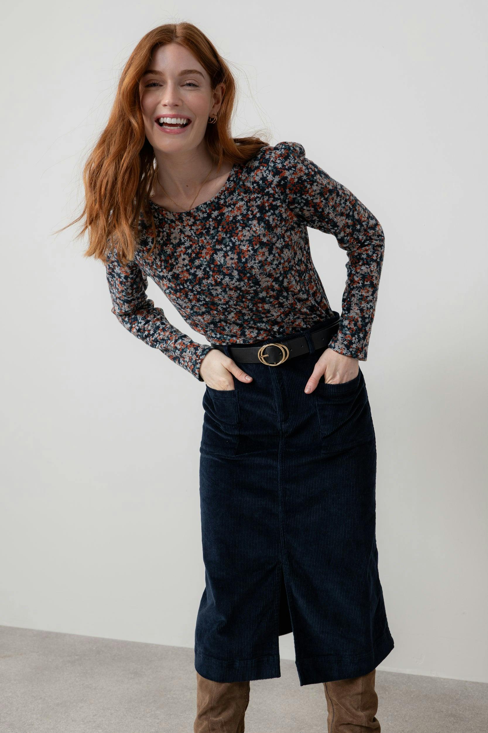Lily & Me Penrose Stretch Jumbo Cord Midi Skirt Navy - 20 - Navy