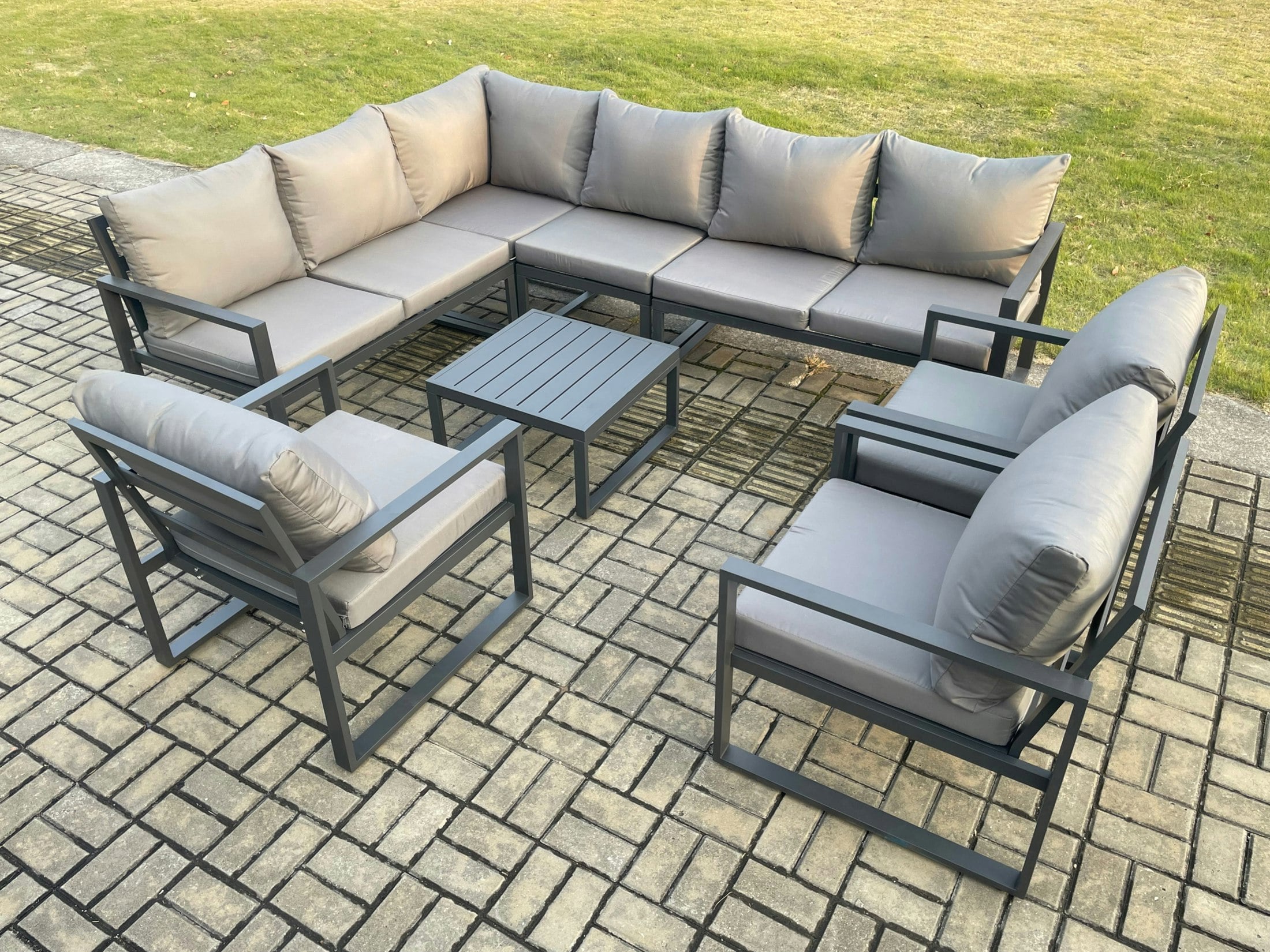 Fimous Dark/Grey Aluminium Garden Furniture Set Outdoor Lounge Corner Sofa 3 Pcs Chair Square Coffee Table Sets 9 Seater