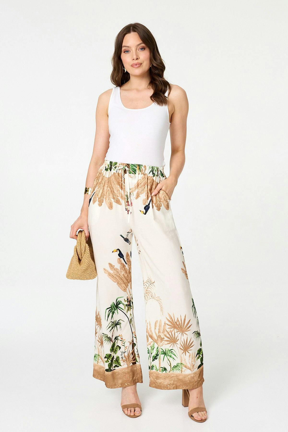 Izabel London Beige Tropical Wide High Waist Trousers - 14