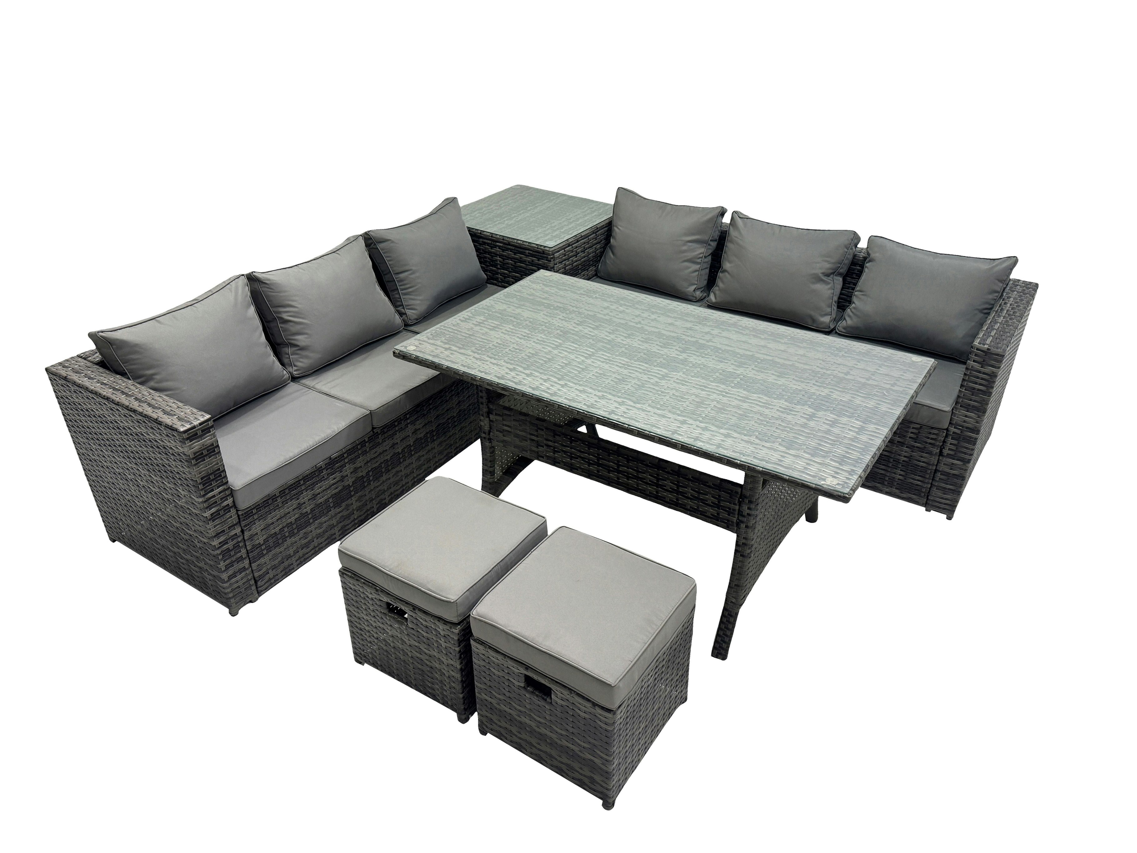 Rackhams Dark/Grey 8 Seater Outdoor Corner Sofa Dining Table Set Garden Rattan Furniture Set With Side Table 2 Small Stools