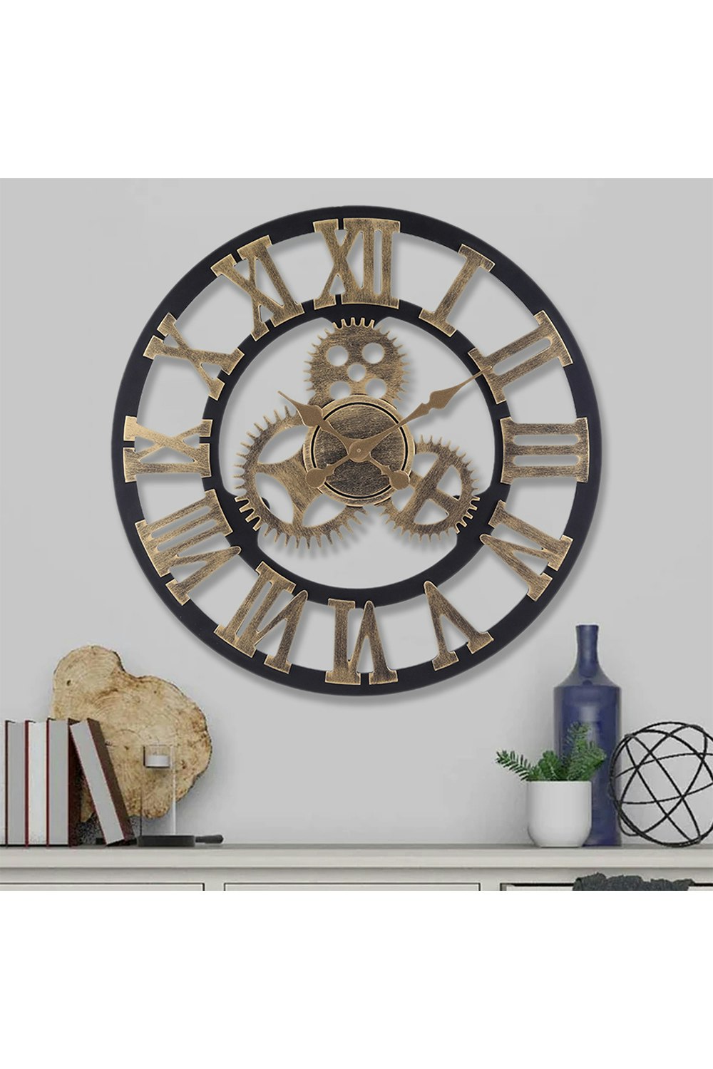 Rackhams Gold 58Cm Dia Industrial Gear Roman Numeral Wall Clock