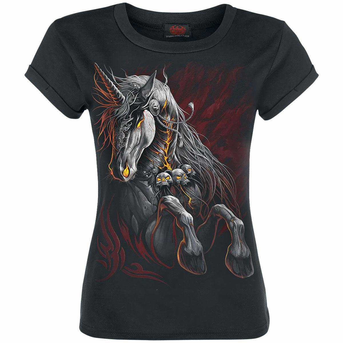 Spiral Direct Girls Dark Infernal Unicorn - Boatneck Cap Sleeve T-Shirt - S - Digital - Digital