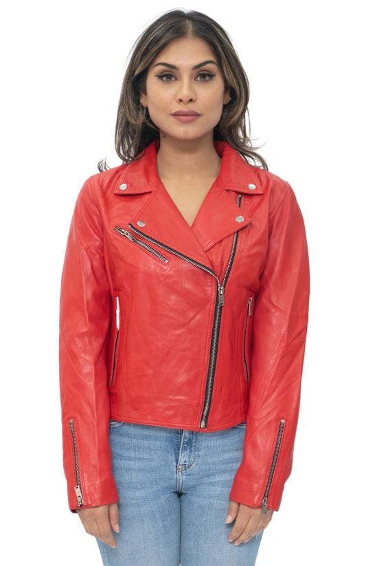 Infinity Leather Women's Red Leather Classic Biker Brando Jacket-Baku - Uk Xl/16 | Eu 42 | Us 12