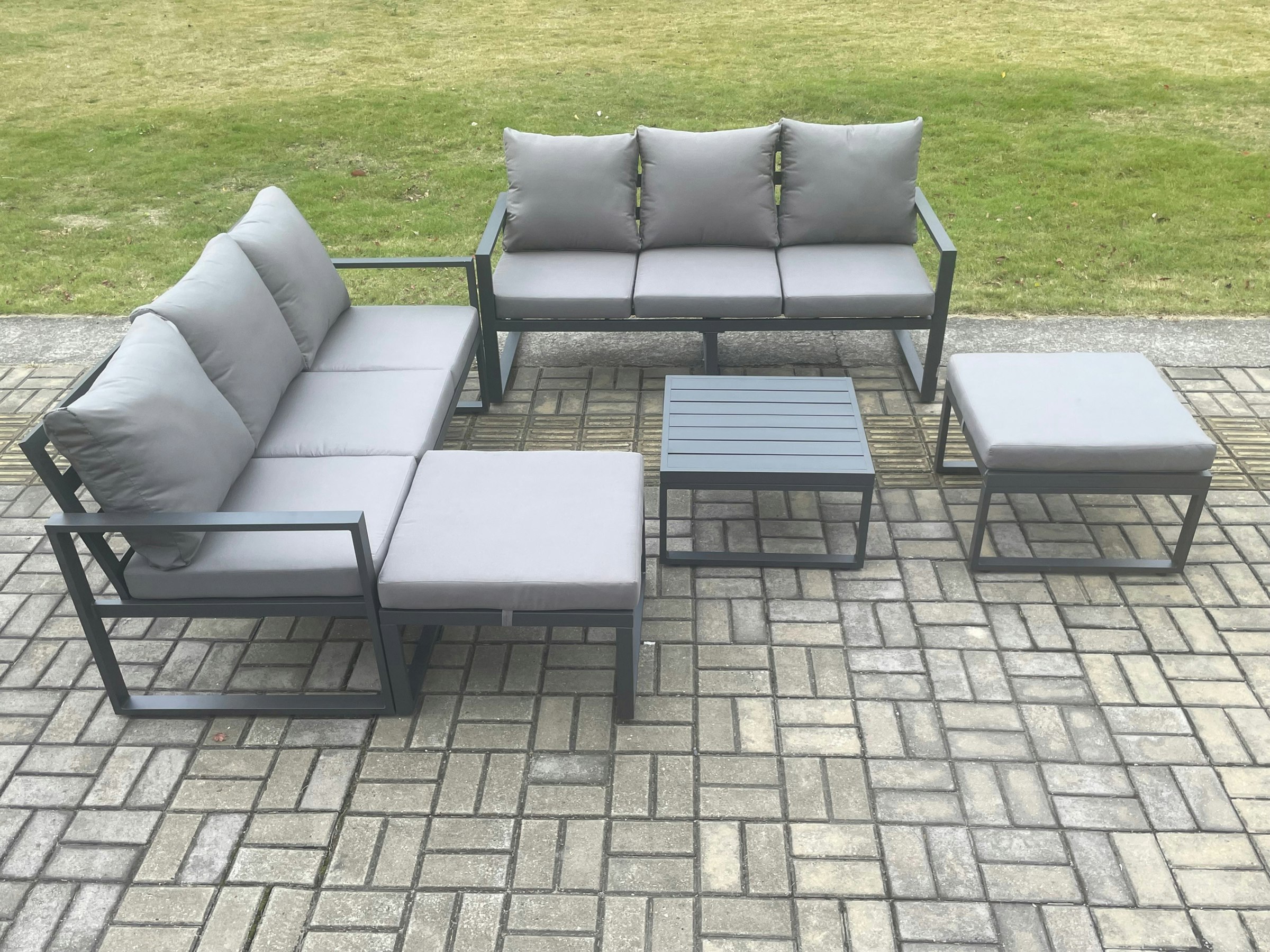 Rackhams Dark/Grey Aluminium 5 Pieces Garden Furniture Sofa Set With Cushions 8 Seater Outdoor Patio Set With Square Coffee Table 2 Big Footstools