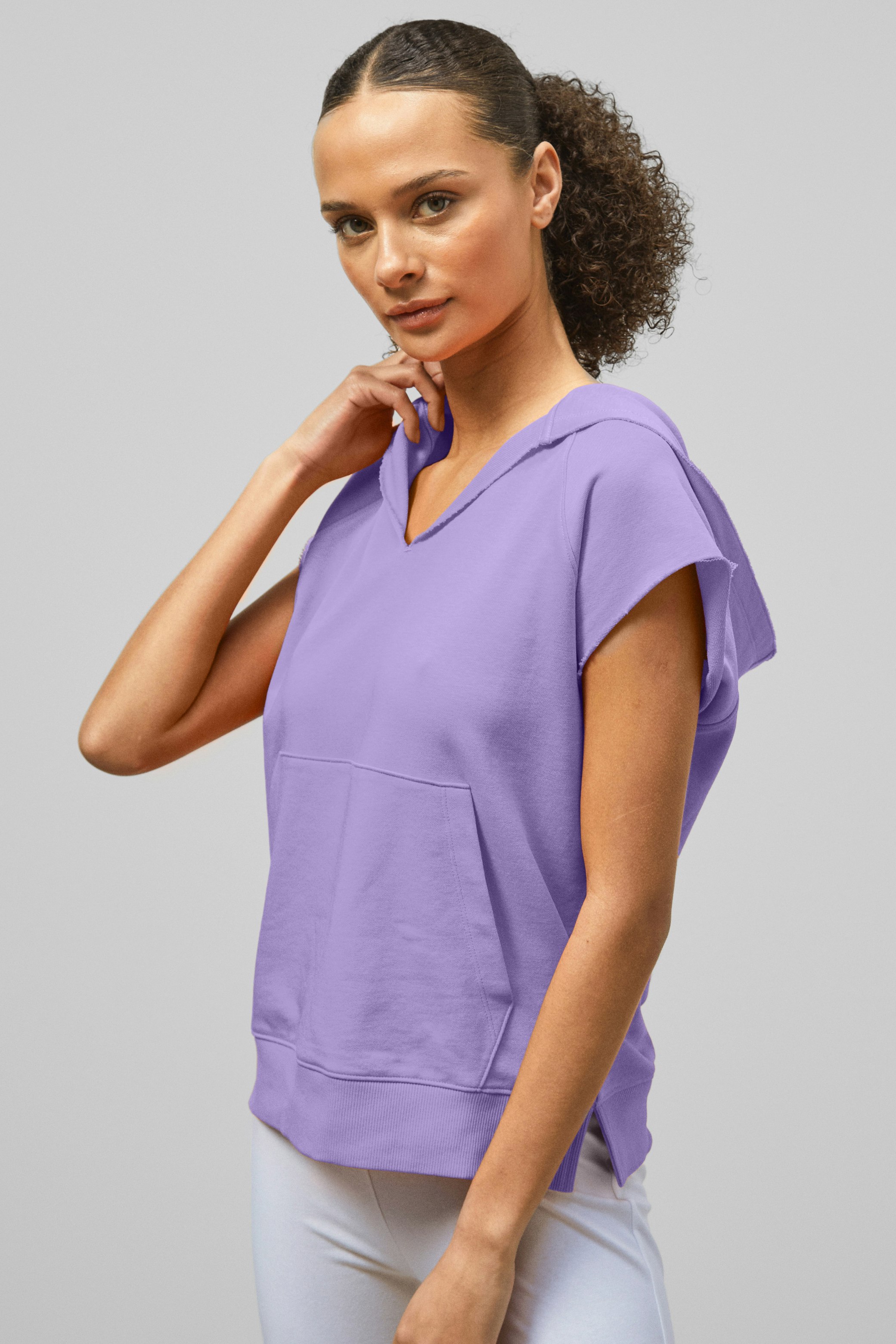 Enorsia Purple Sleeveless Raw Edge Hoodie - 18 - 77% Cotton, 23% Polyester
