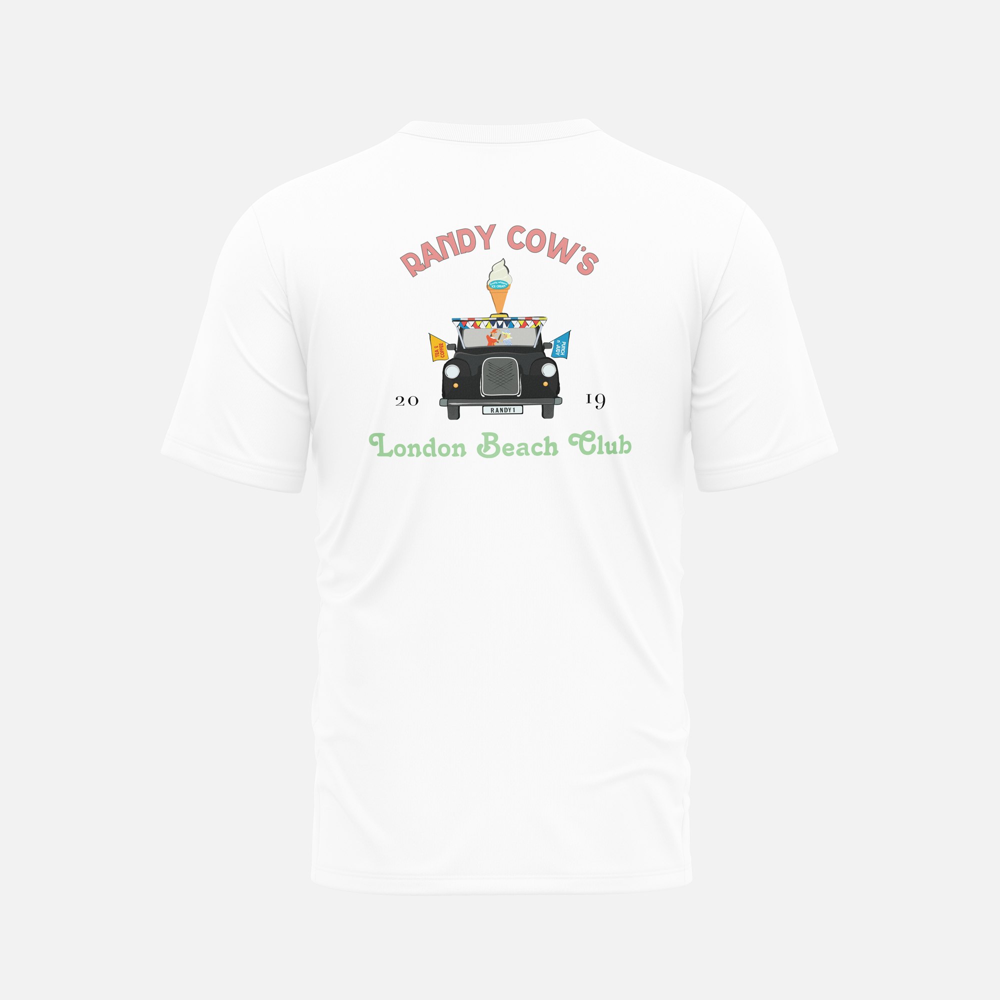 Randy Cow Black/White London Beach Club Taxi - Organic Cotton T-Shirt - 3 - With Back Graphic