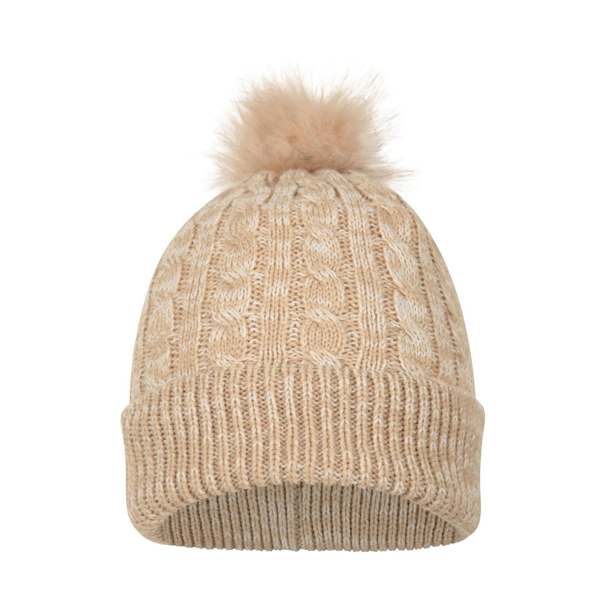 Mountain Warehouse Women's Beige Pom Pom Faux Fur Lined Beanie - One Size - 100% Mixed