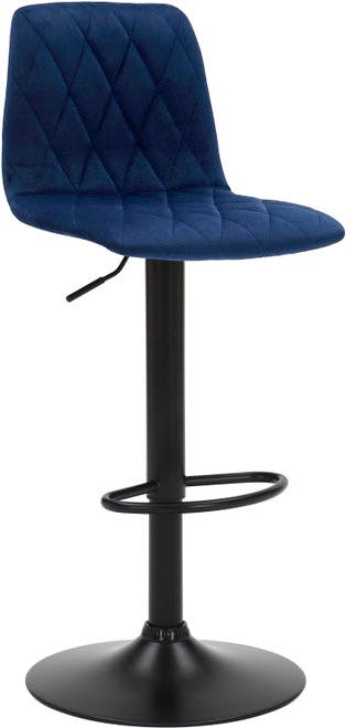 Rackhams Black/Blue Verona Velvet Kitchen Bar Stools, Matt Stem & Base, Height Adjustable Gas Lift With Backrest, Breakfast Bar Stool