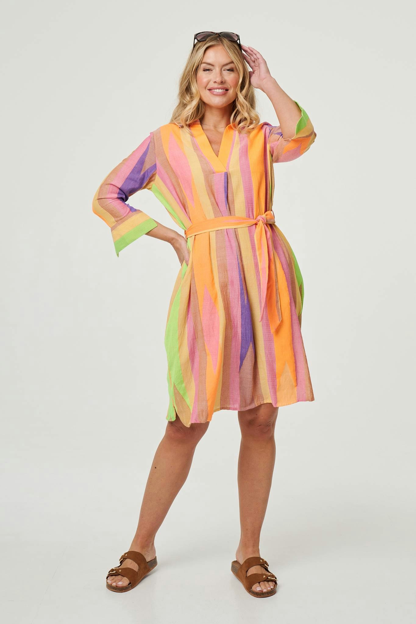 Izabel London Green Striped Knee Length Tie Waist Dress - 10