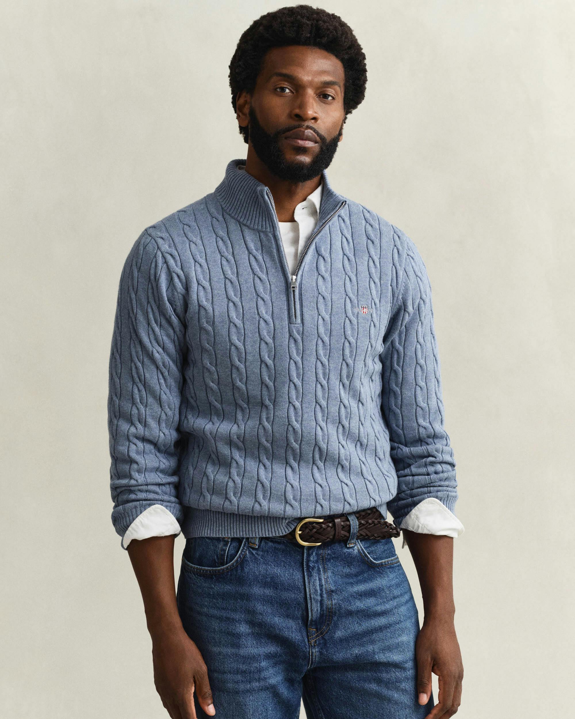Gant Men's Cotton Cable Half Zip Jumper - 430 Faded Denim - 430 Faded Denim - Xl