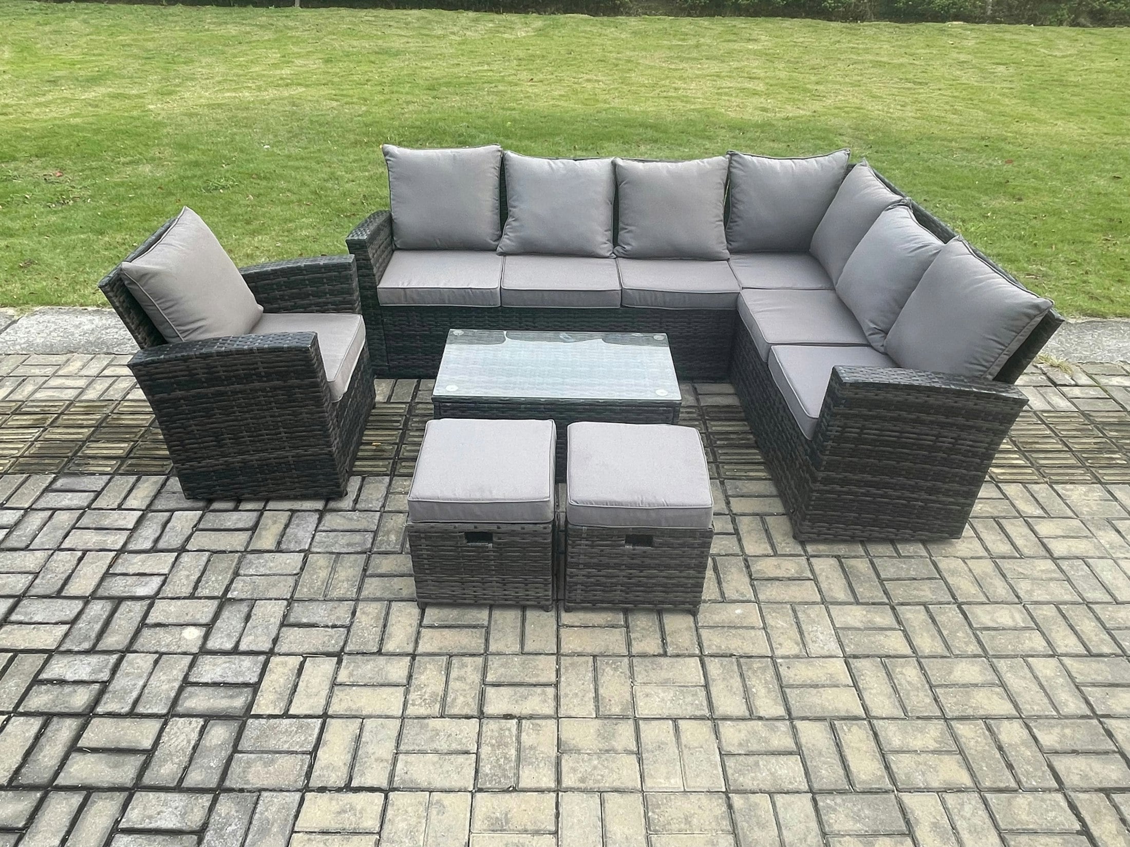 Rackhams Dark/Grey Wicker Pe Outdoor Garden Furniture Set High Back Rattan Corner Sofa Set With Arm Chair Rectangular Coffee Table 2 Small Footstools