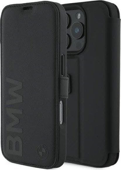 Bmw Black Signature Leather Wordmark Bookcase For Iphone 16 Pro 6.3" - Bmbkp16l23rmrlk