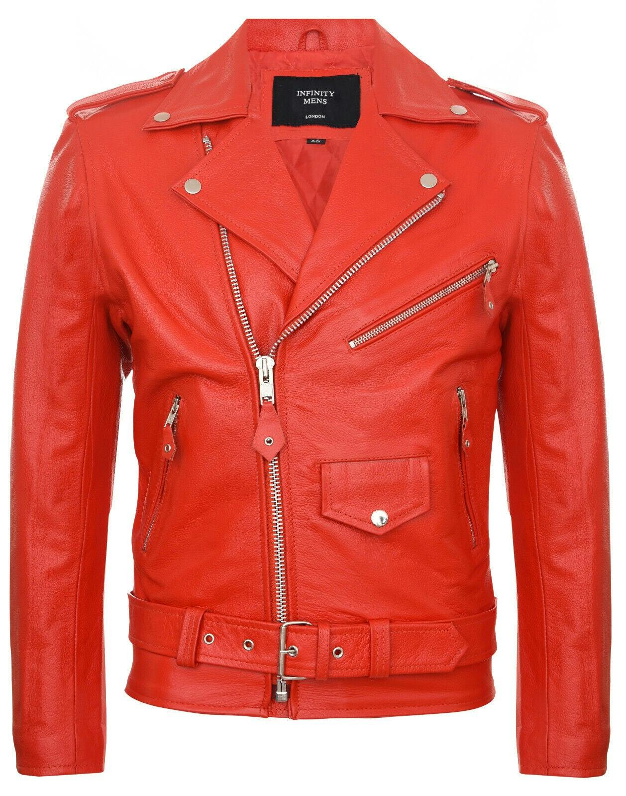 Infinity Leather Men's Red Leather Brando Biker Rock Motorcycle Hide Jacket - Uk Xl | Eu 52 | Us 42