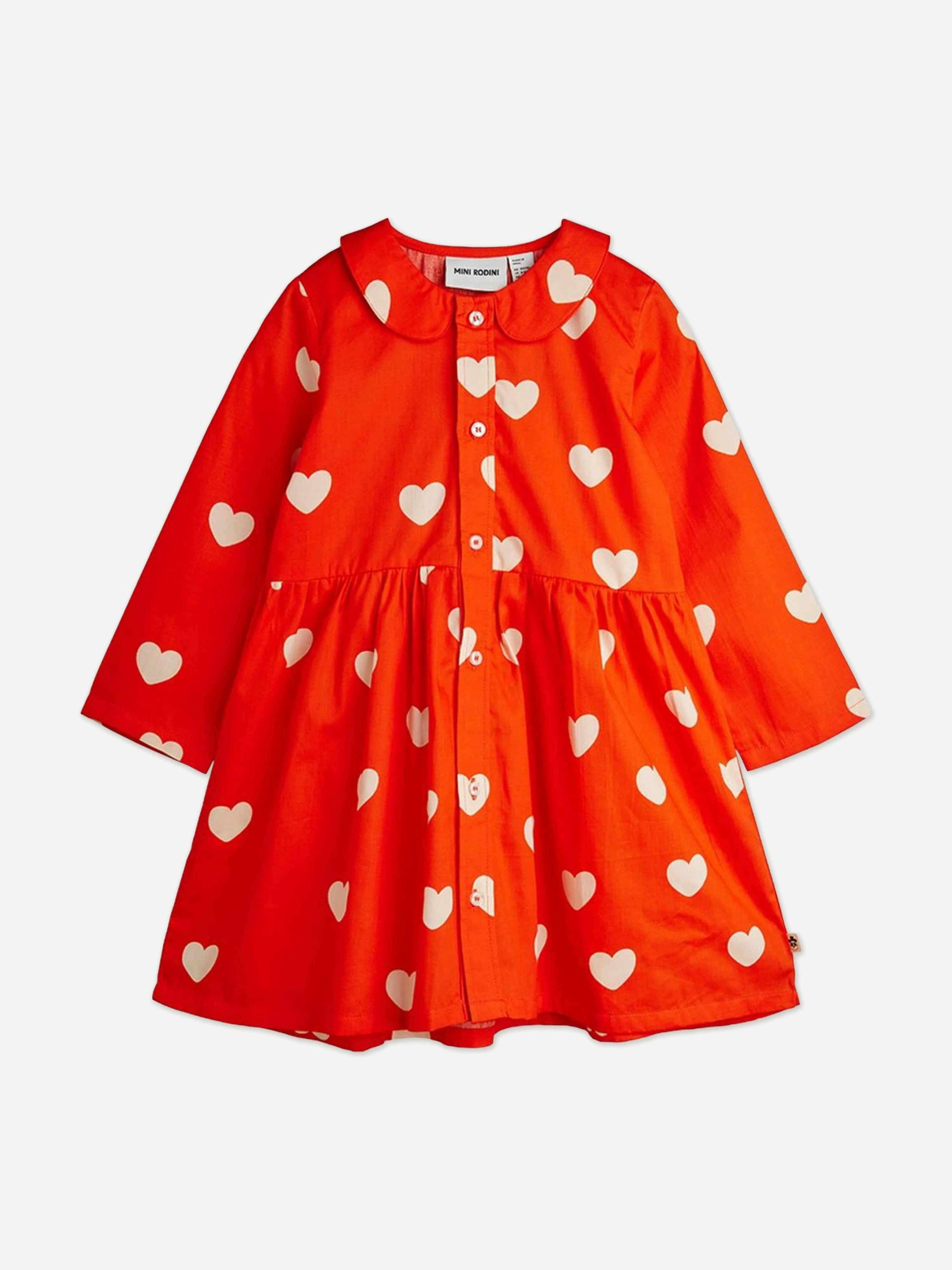 Mini Rodini Girls Orange Hearts Aop Shirt Dress In - 140-146 Cm (9-11 Yrs)