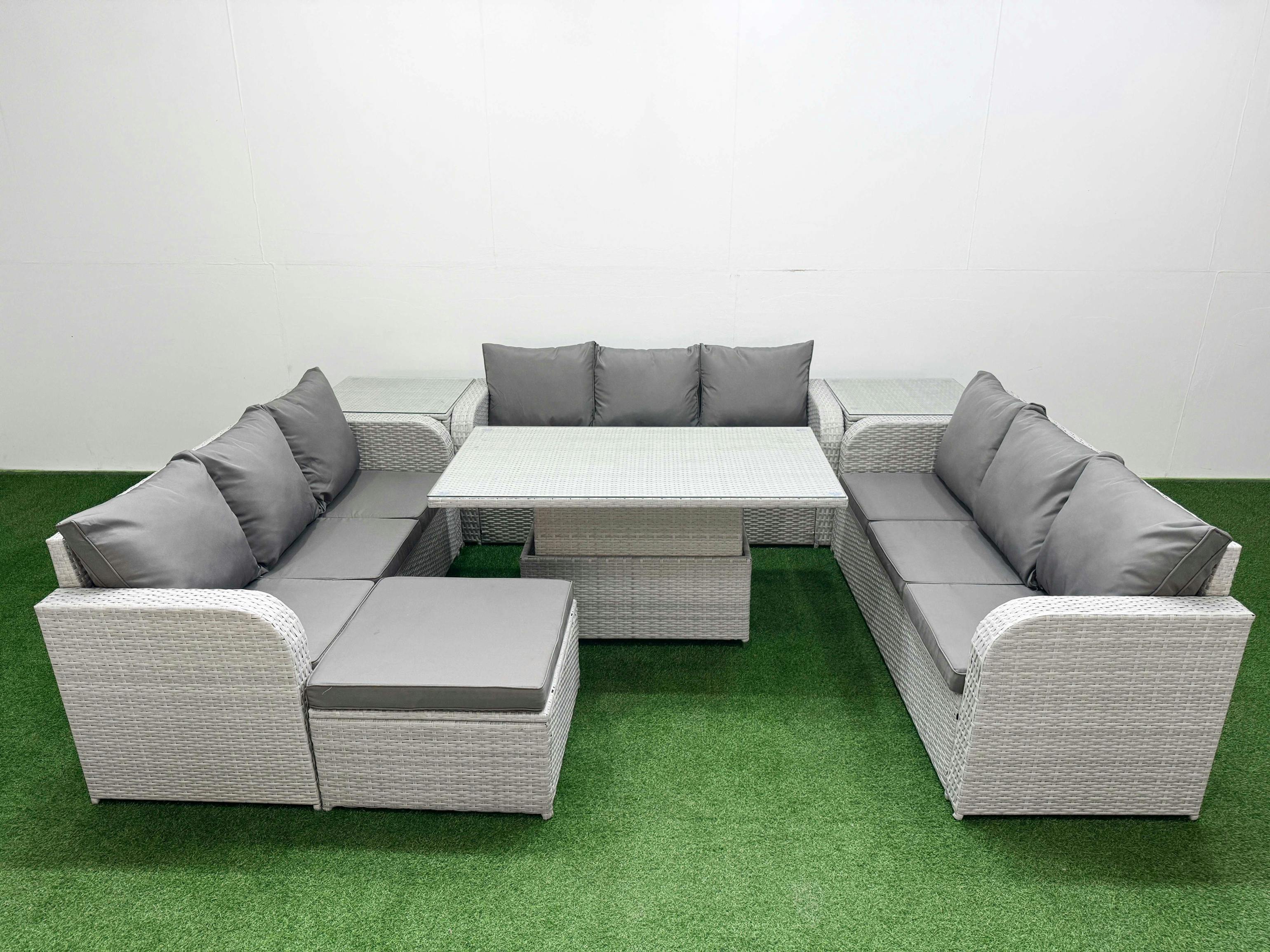 Fimous Light/Grey 10 Seater Rattan Garden Furniture Set With Adjustable Height Table, 3 Sofas, Footstool, 2 Side Tables
