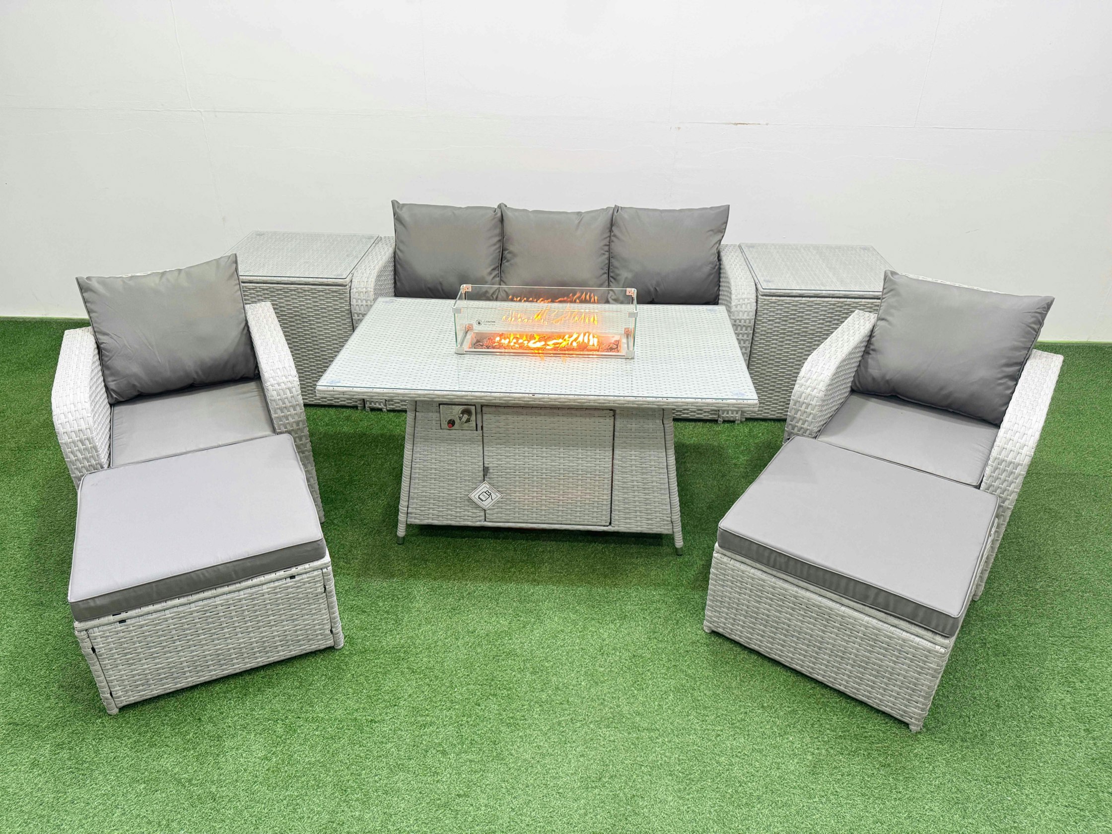 Rackhams Light/Grey Pe Rattan Garden Furniture Set Reclining Chair Sofa Lounge Sofa Set Fire Pit Dining Table 2 Side Table 2 Big Footstool