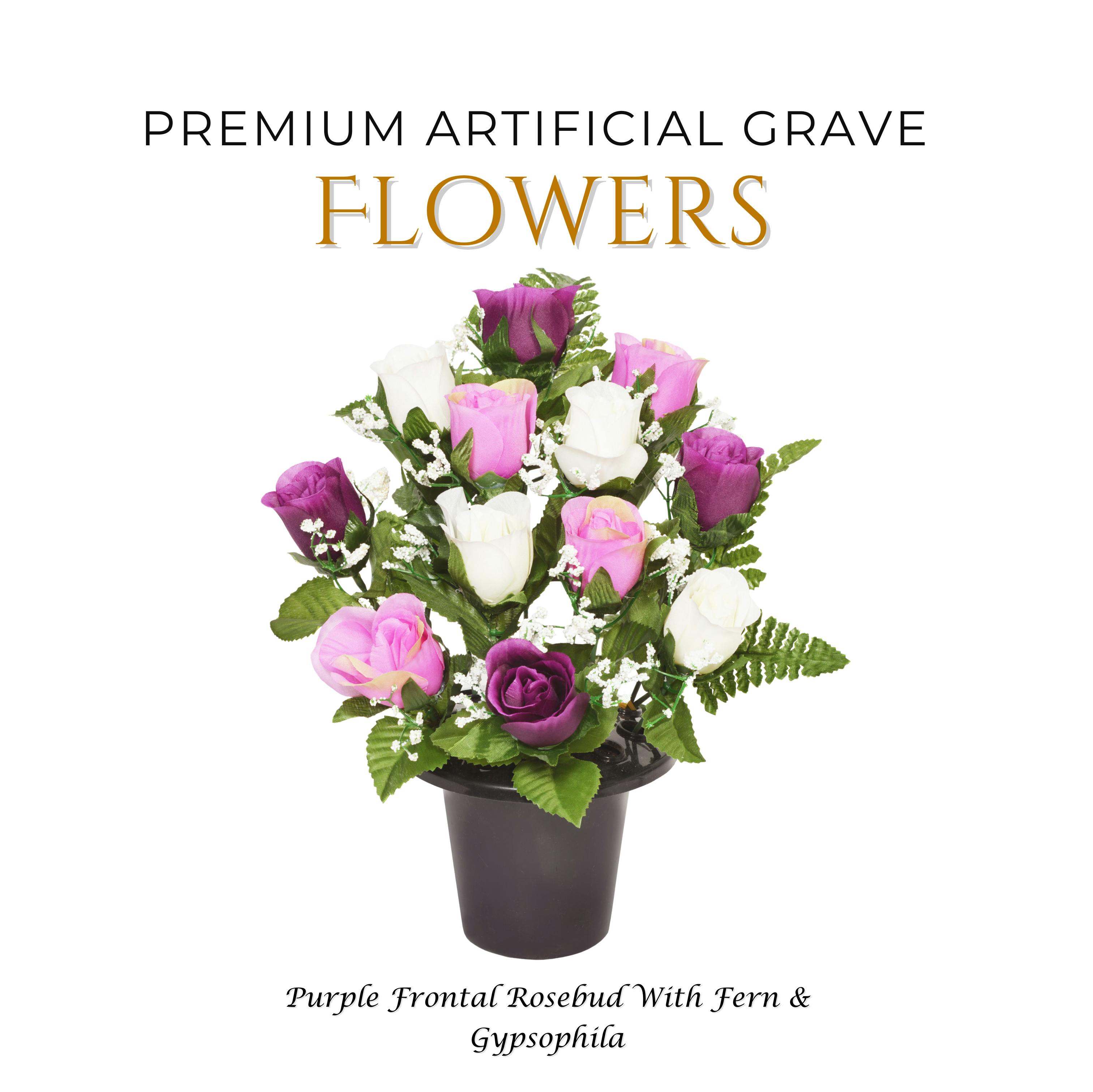 Memorials Direct Purple Premium Artificial Grave Flowers – 29Cm Frontal Rosebud With Fern & Gypsophila | Memorial Vase Pot