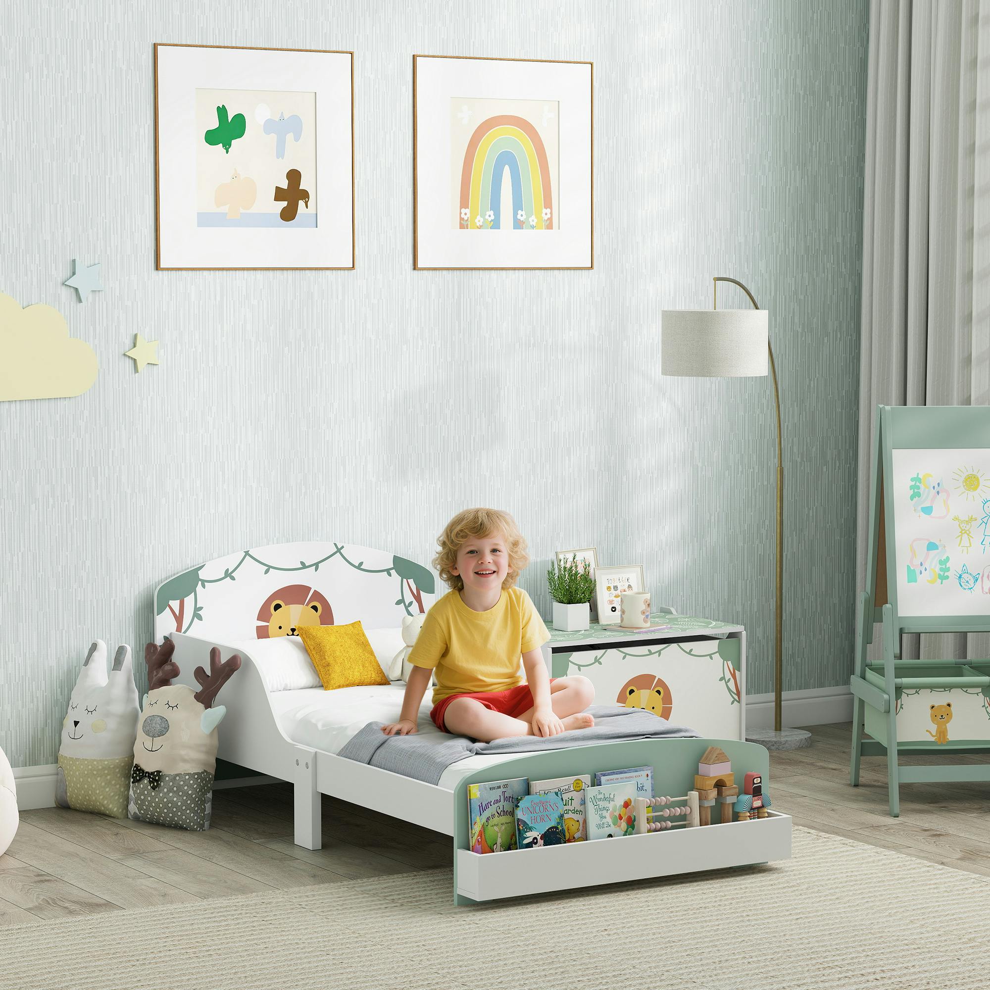 Rackhams Green Toddler Bed, Lion-Themed Kids Bed Frame With Storage - 60H X 150L X 77W Cm