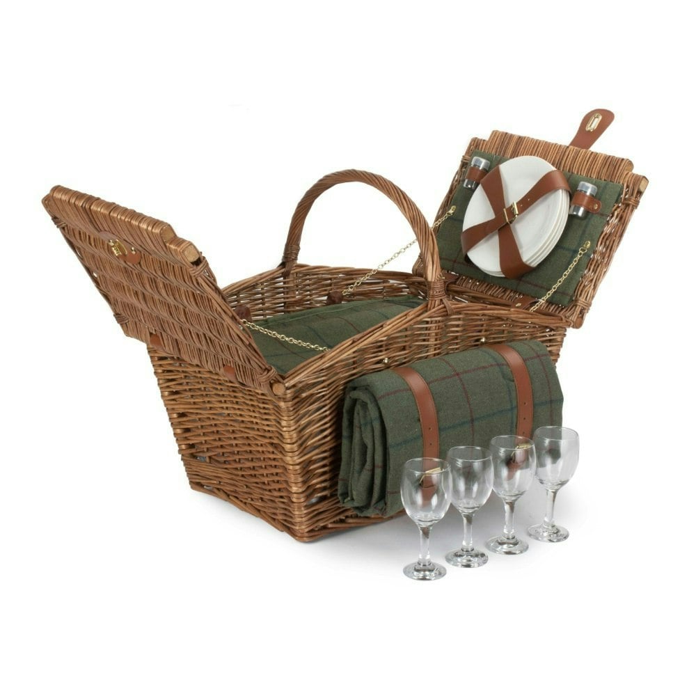 Rackhams Green Elegant 4 Person Tweed Fitted Picnic Basket - 4 Person