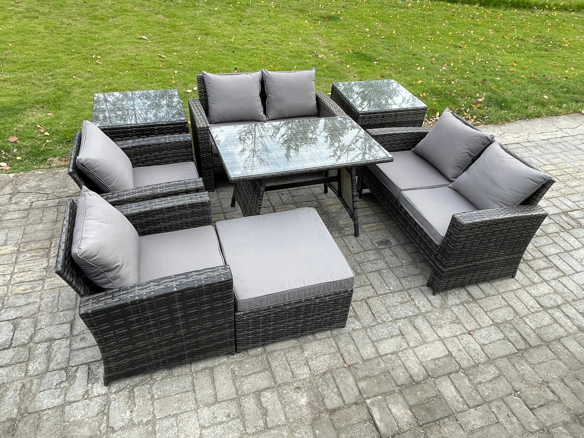 Fimous Dark/Grey Rattan Garden Furniture Set - Mixed Patio Lounge Sofa With Rectangular Dining Table & Big Footstool