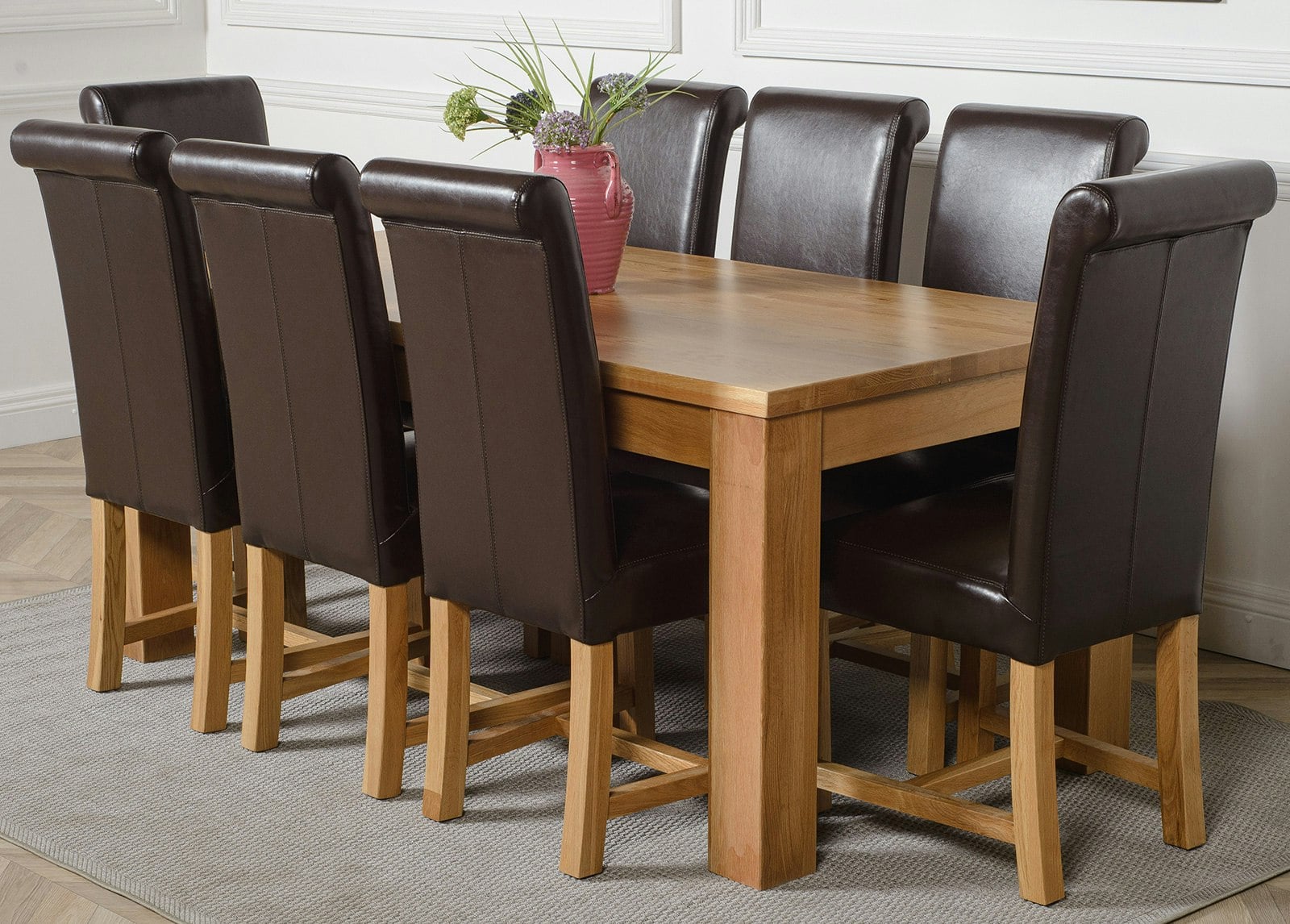 Rackhams Brown Dakota Large Oak Dining Table With Washington Leather Chairs - 8 Chairs