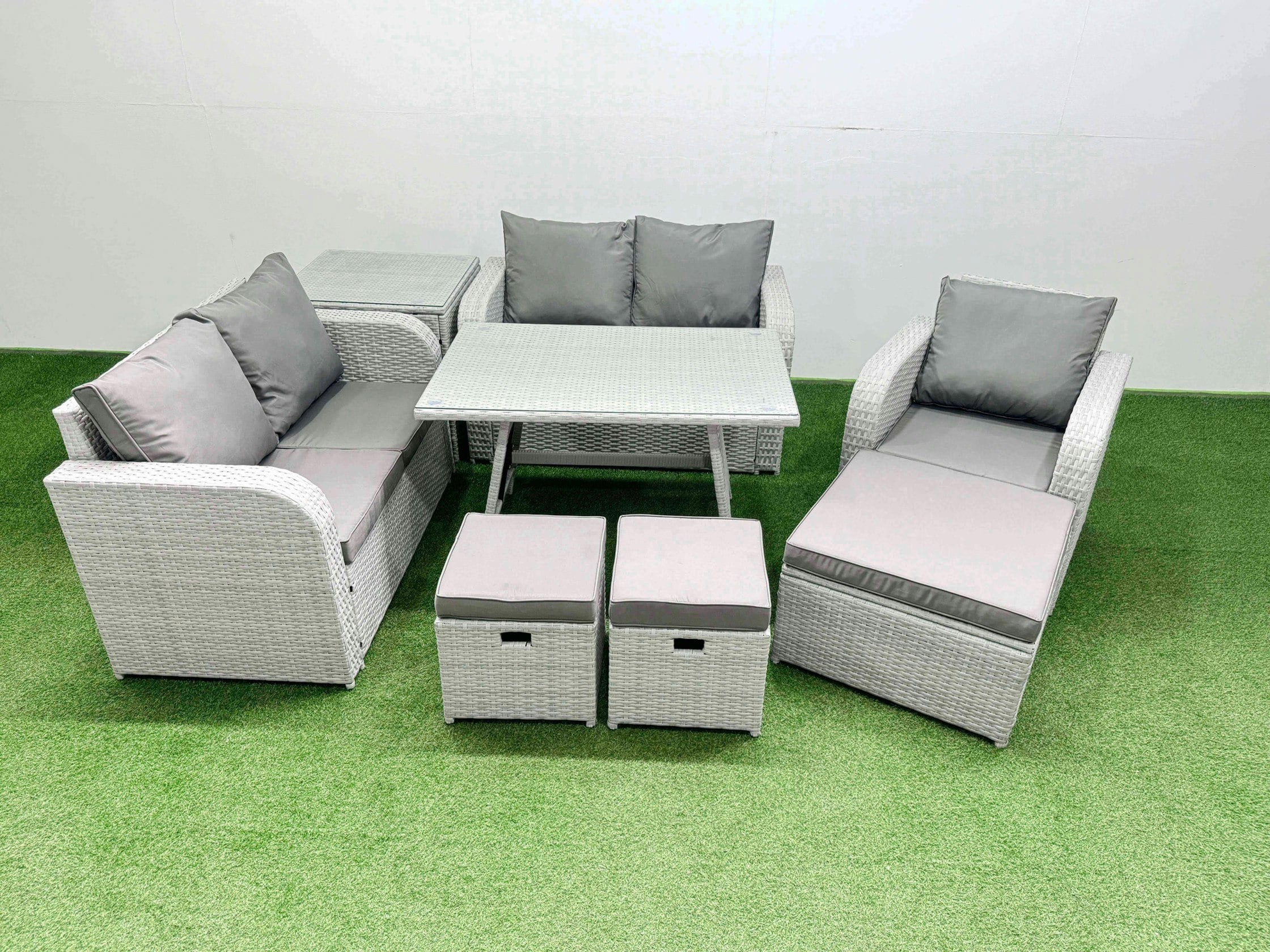 Rackhams Light/Grey 8 Seater Outdoor Rattan Garden Furniture Set Love Sofa Reclining Chair Set With Rectangular Dining Table Side Table 3 Footstools