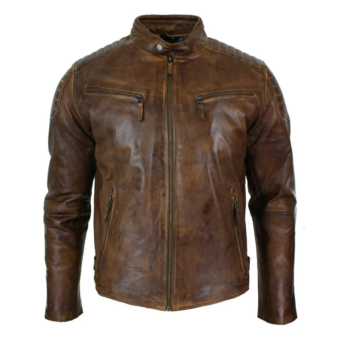 Aviatrix Men's Zipped Short Biker Leather Jacket - Timber - 5XL - Model 1