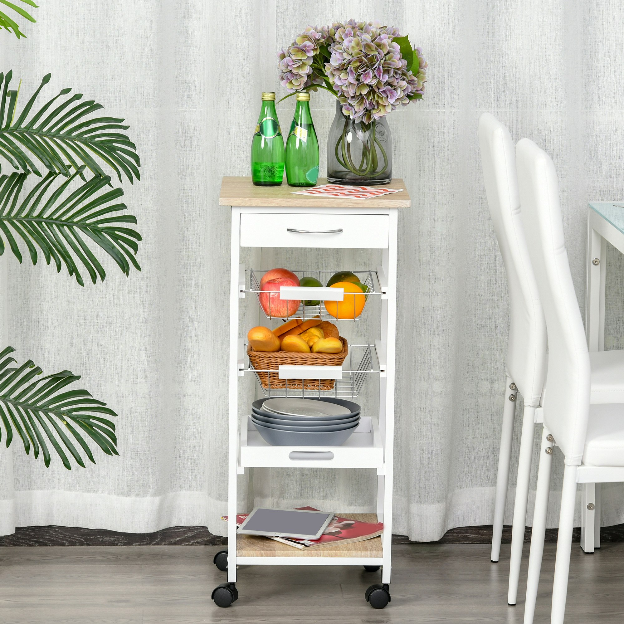Rackhams White Mobile Rolling Kitchen Island Trolley For Home Metal Baskets Tray Shelves