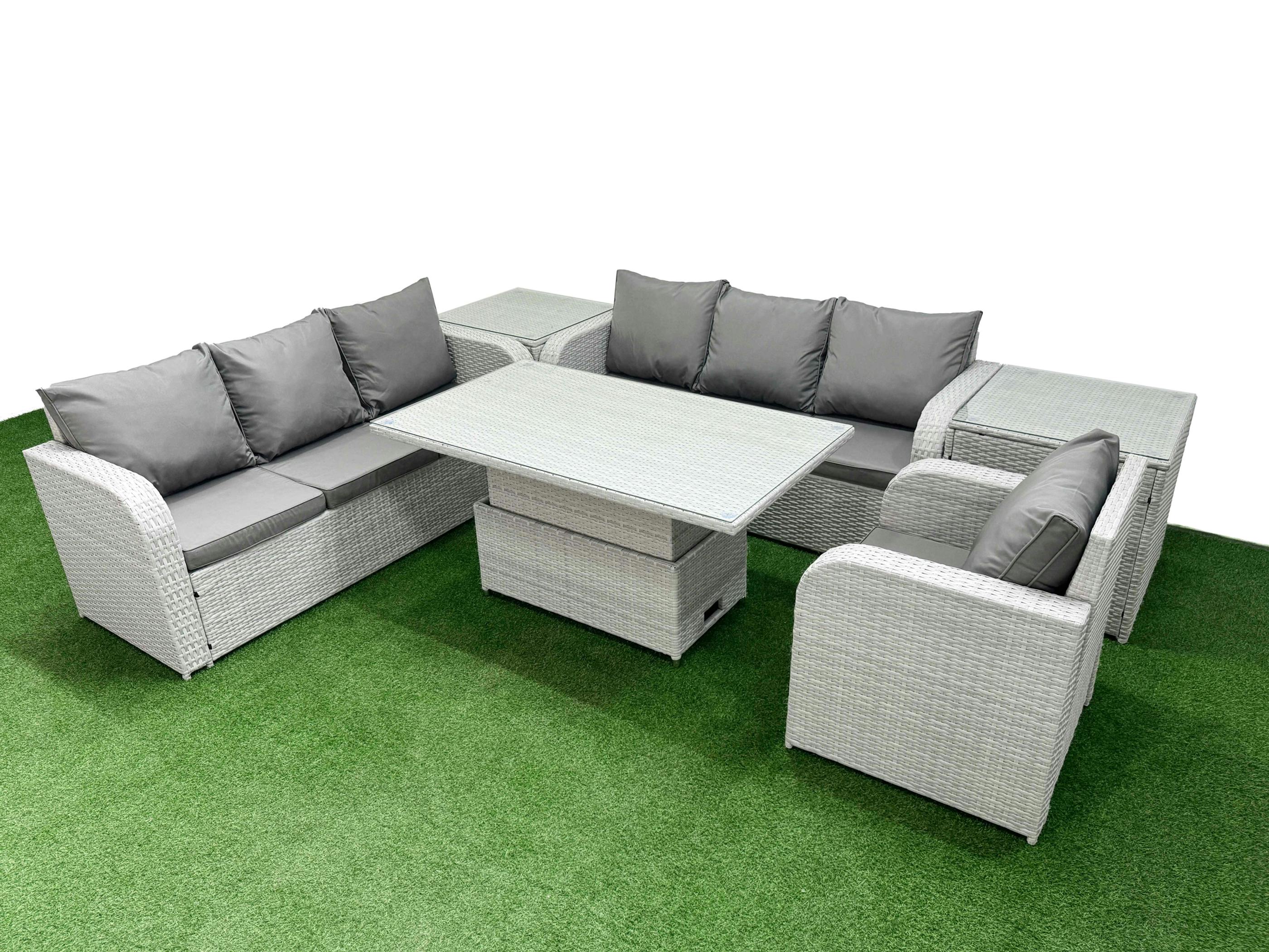 Rackhams Light/Grey 7 Seater Poly Rattan Garden Furniture Patio Set, Adj Height Table, 3 Seater Sofa, Reclining Chair, 3 Seater Sofa, 2 Side Table,