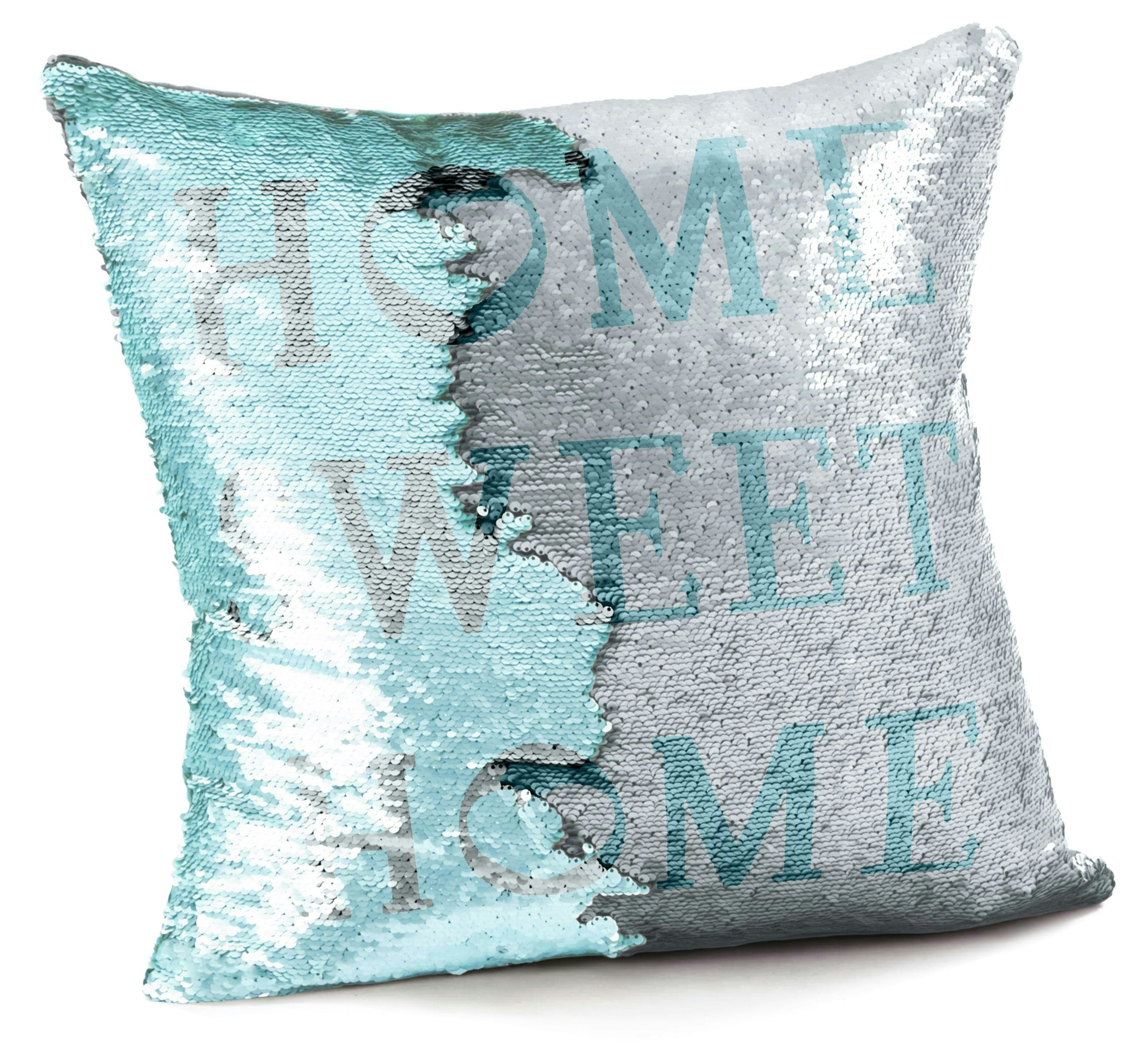 Velosso Light Fun Sequins Home Sweet Home Cushion - 43Cm X 43Cm - Duck Egg