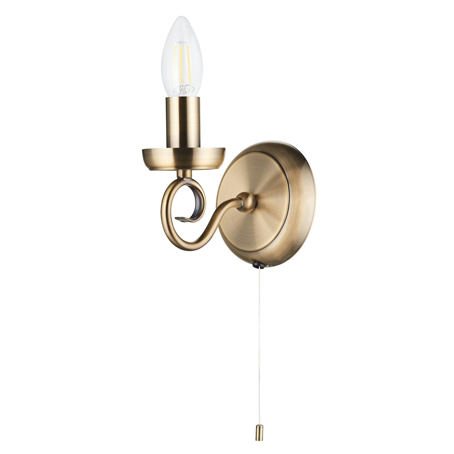 Rackhams Light Traditional Antique Brass Wall Fitting With Scroll Arm And Pull Switch