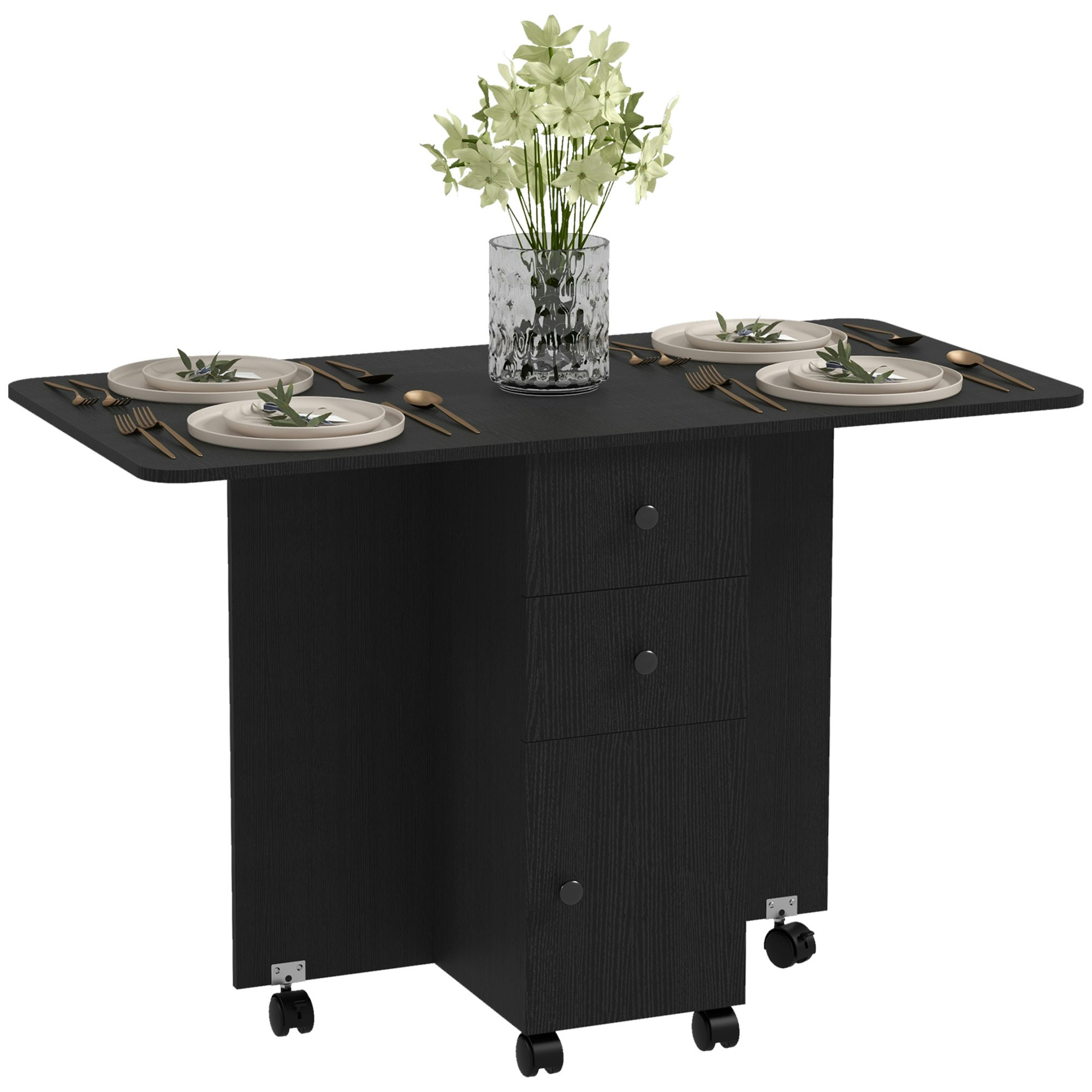 Rackhams Black Folding Dining Table, Drop Leaf Table With Storage Drawers Small